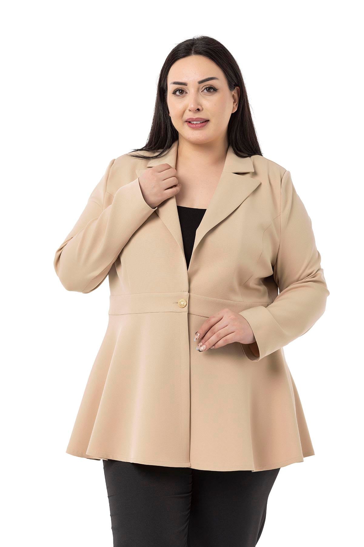 JacketsDisentis Modest Büyük Beden Tek Düğmeli Belde Bant Detaylı Kloş Astarsız Bej Rengi Ceket DISENTIS MODESTBüyük Beden Tek Düğmeli Belde Bant Detaylı Kloş Astarsız Bej Rengi Ceket 