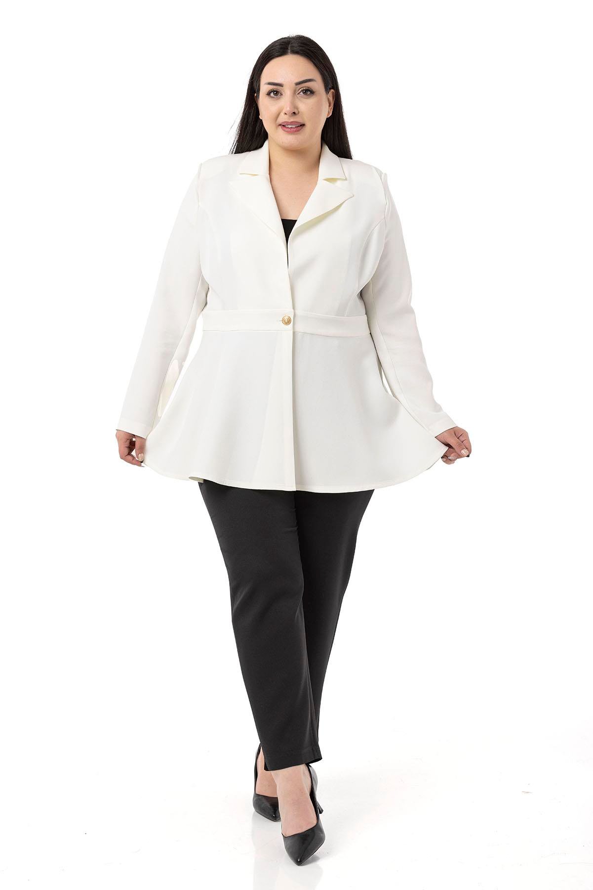 CeketDisentis Modest Büyük Beden Tek Düğmeli Belde Bant Detaylı Kloş Astarsız Beyaz Ceket DISENTIS MODESTBüyük Beden Tek Düğmeli Belde Bant Detaylı Kloş Astarsız Beyaz Ceket 