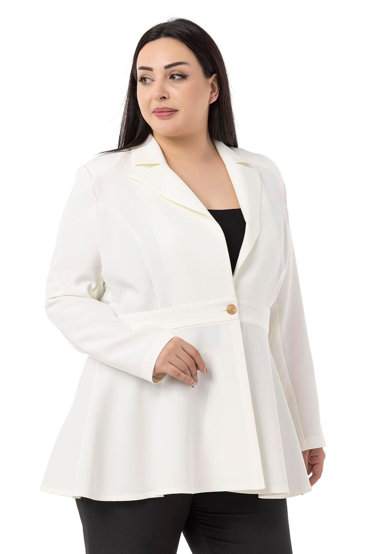 CeketDisentis Modest Büyük Beden Tek Düğmeli Belde Bant Detaylı Kloş Astarsız Beyaz Ceket DISENTIS MODESTBüyük Beden Tek Düğmeli Belde Bant Detaylı Kloş Astarsız Beyaz Ceket 