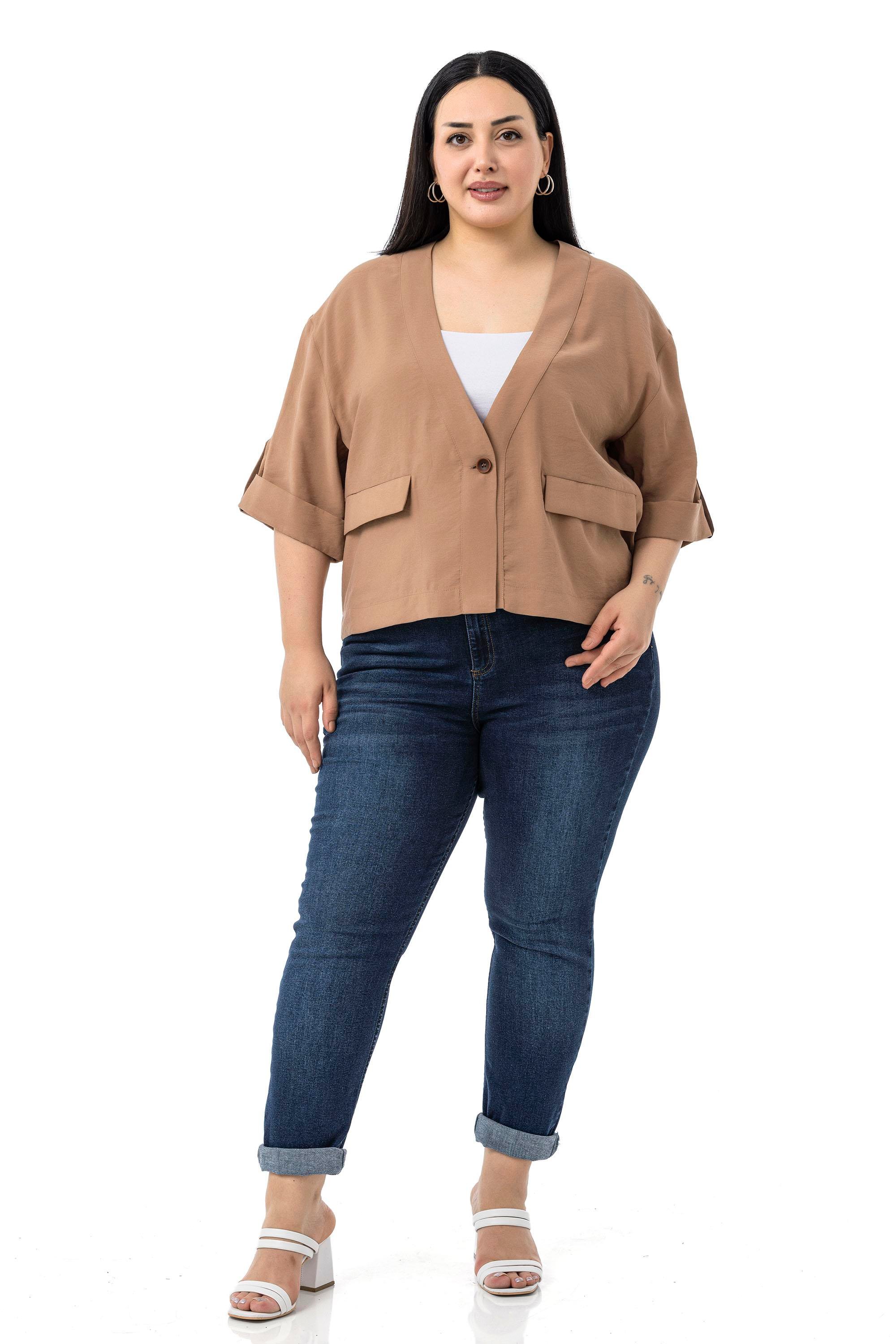 JacketsDisentis Modest Büyük Beden Tek Düğmeli Düşük Yarım Kollu Apoletli Cepli Kısa Tarçın CeketDISENTIS MODESTBüyük Beden Tek Düğmeli Düşük Yarım Kollu Apoletli Cepli Kısa Tarçın Ceket