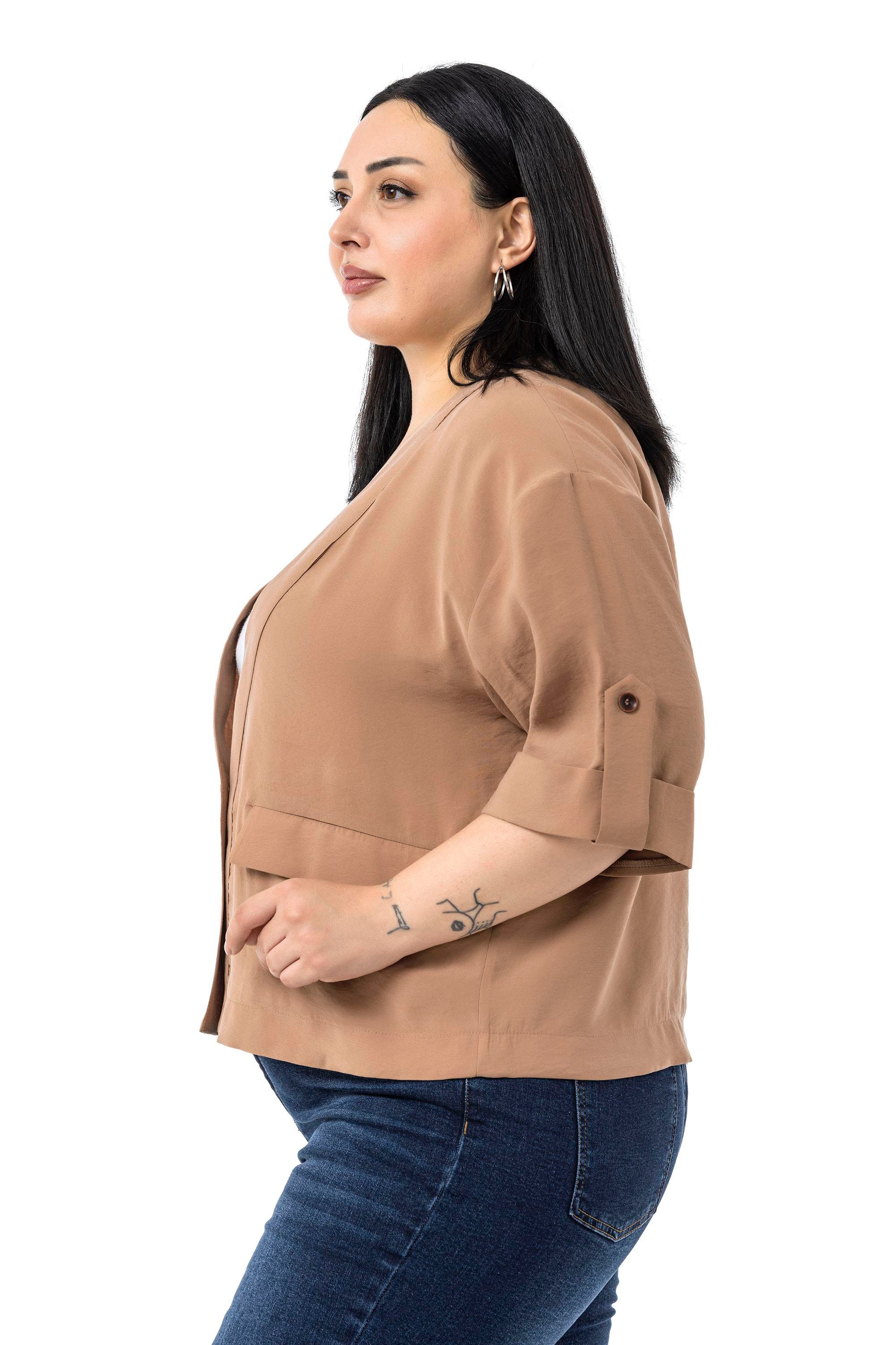 JacketsDisentis Modest Büyük Beden Tek Düğmeli Düşük Yarım Kollu Apoletli Cepli Kısa Tarçın CeketDISENTIS MODESTBüyük Beden Tek Düğmeli Düşük Yarım Kollu Apoletli Cepli Kısa Tarçın Ceket