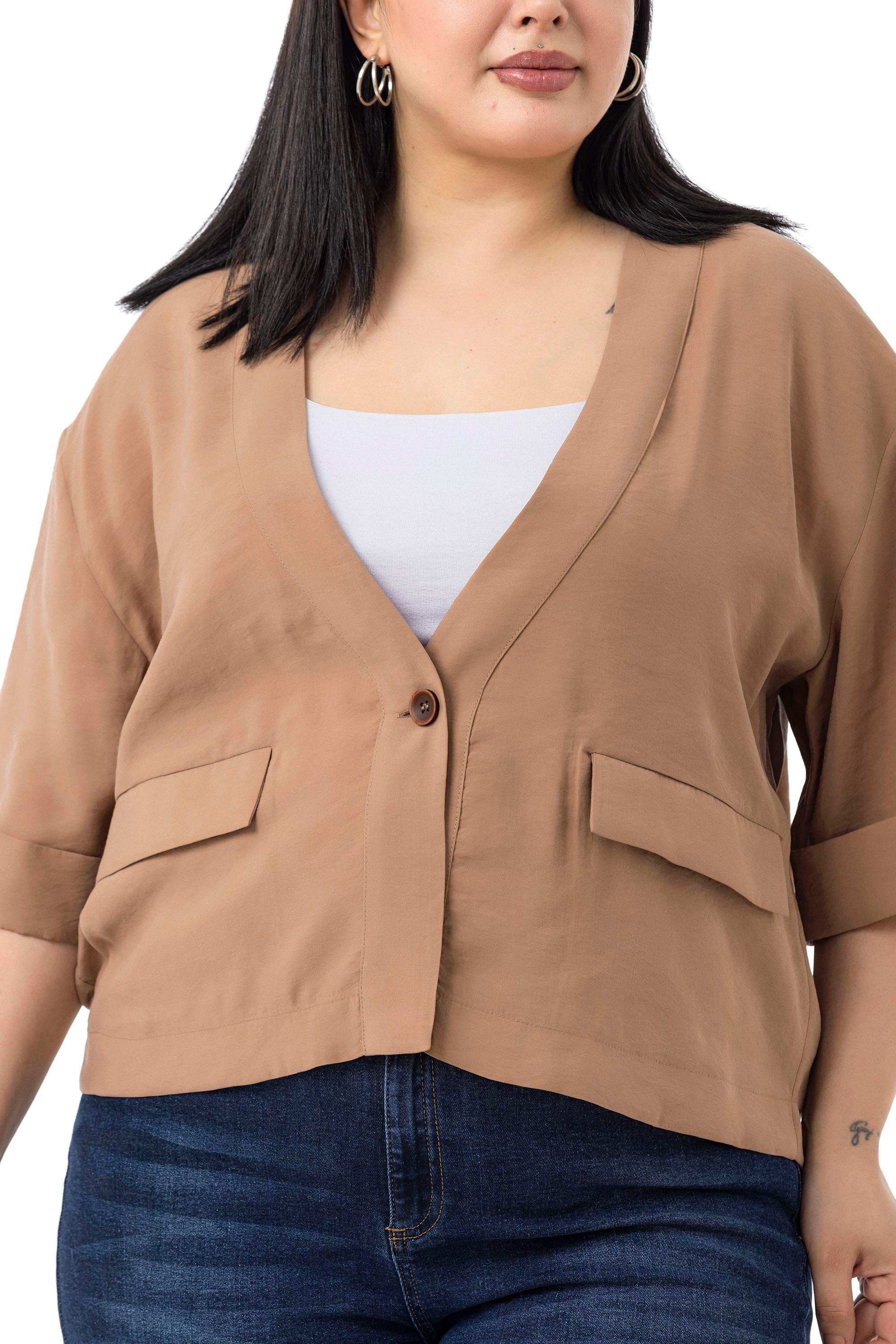 JacketsDisentis Modest Büyük Beden Tek Düğmeli Düşük Yarım Kollu Apoletli Cepli Kısa Tarçın CeketDISENTIS MODESTBüyük Beden Tek Düğmeli Düşük Yarım Kollu Apoletli Cepli Kısa Tarçın Ceket