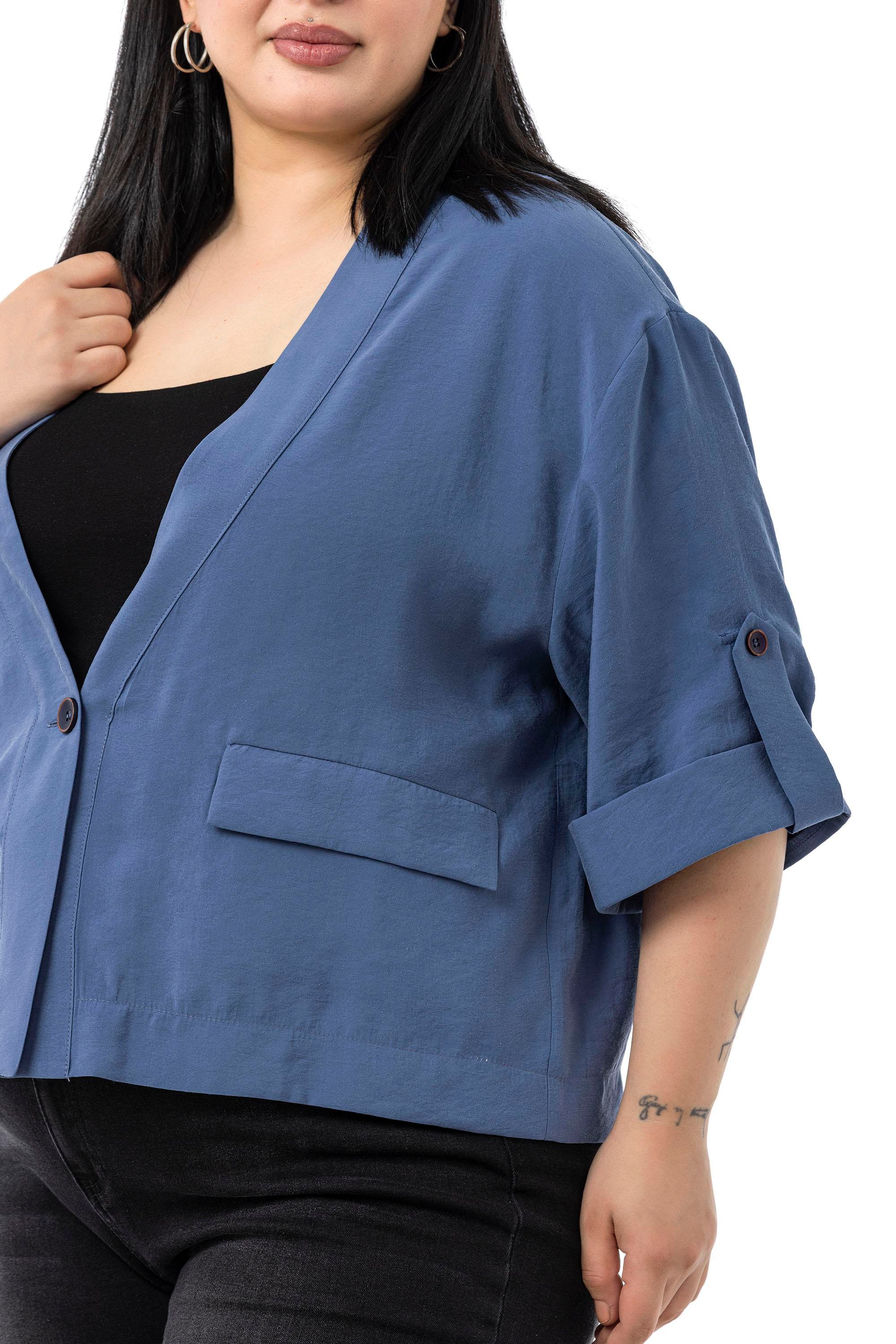 JacketsDisentis Modest Büyük Beden Tek Düğmeli Düşük Yarım Kollu Apoletli Cepli Kısa İndigo CeketDISENTIS MODESTBüyük Beden Tek Düğmeli Düşük Yarım Kollu Apoletli Cepli Kısa İndigo Ceket