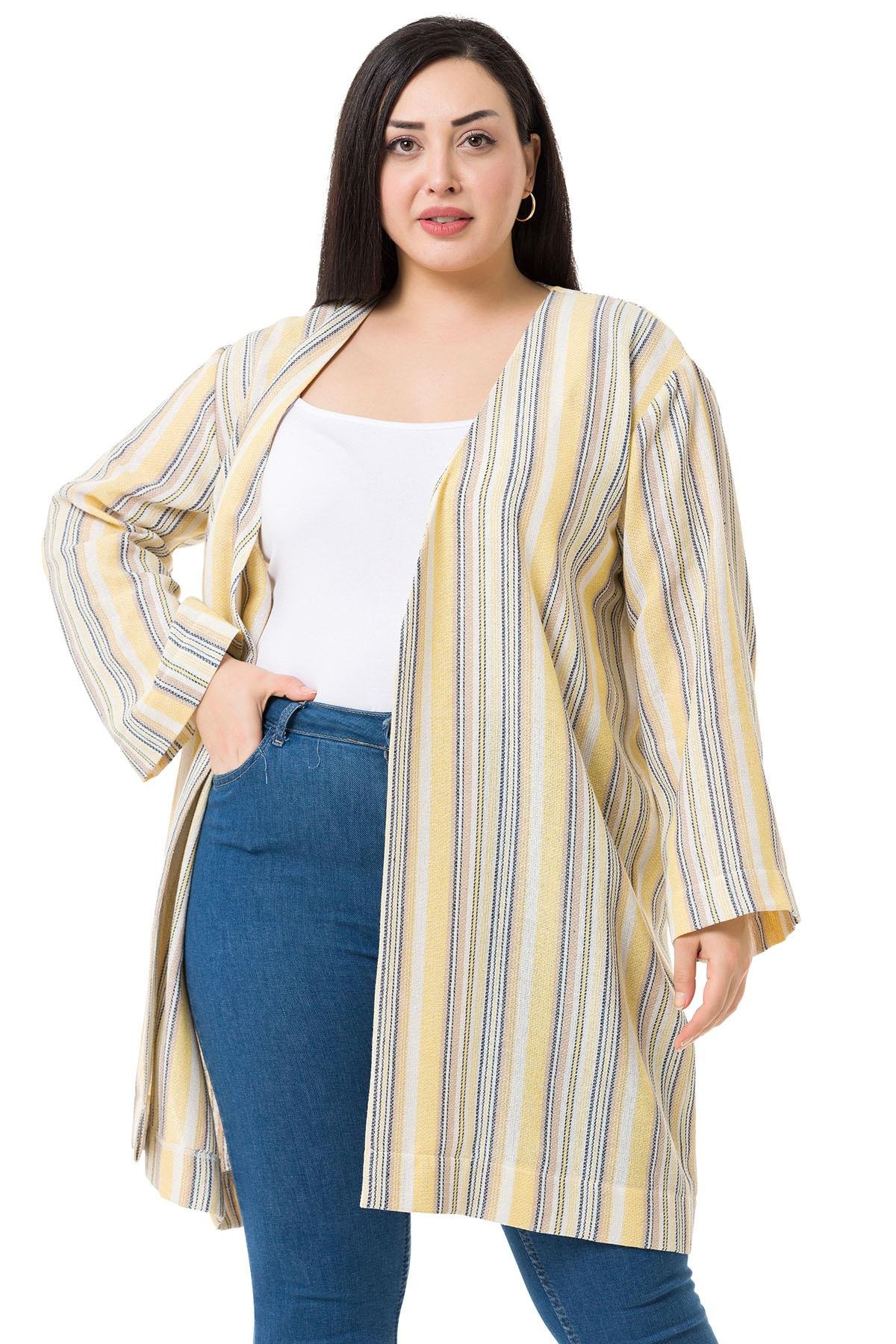 CeketDisentis Modest V Yaka Boyuna Çizgili Astarsız Düğmesiz Keten CeketDISENTIS MODESTBüyük Beden V Yaka Boyuna Çizgili Astarsız Düğmesiz Keten Ceket