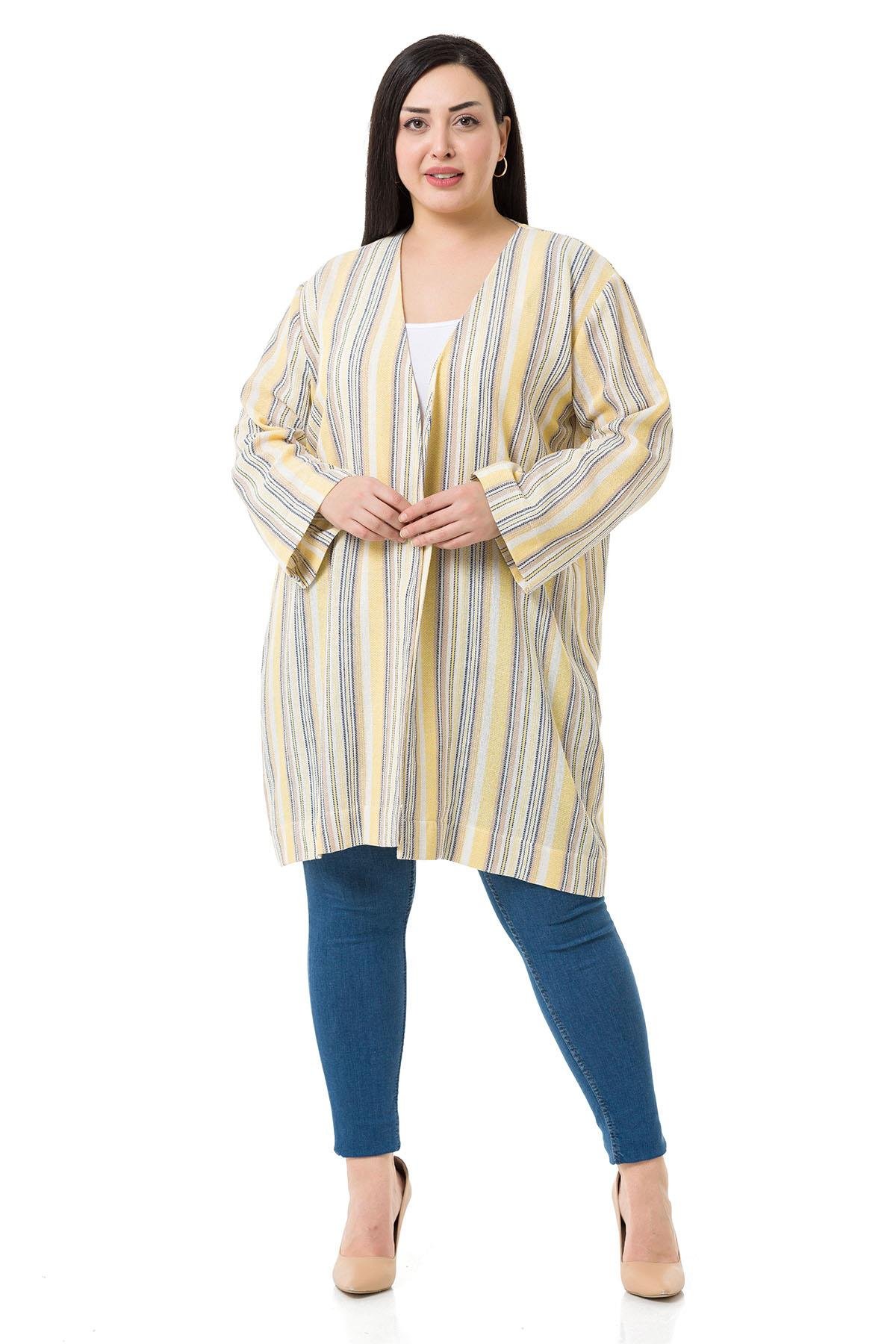 CeketDisentis Modest V Yaka Boyuna Çizgili Astarsız Düğmesiz Keten CeketDISENTIS MODESTBüyük Beden V Yaka Boyuna Çizgili Astarsız Düğmesiz Keten Ceket