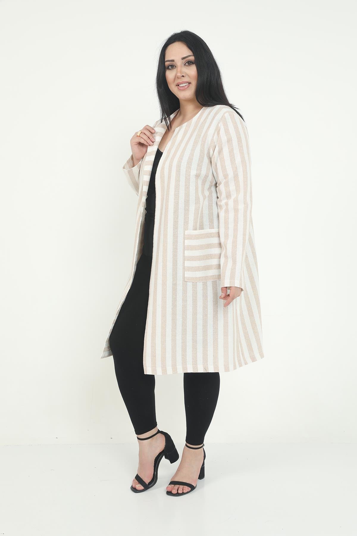JacketsRound Neck Striped Unlined Beige JacketdisentisRound Neck Striped Unlined Beige Jacket