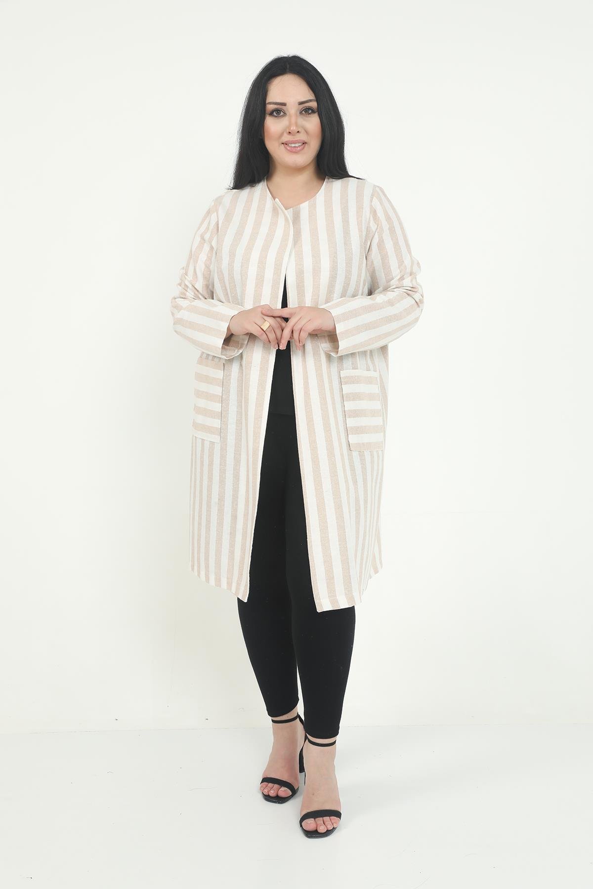 JacketsRound Neck Striped Unlined Beige JacketdisentisRound Neck Striped Unlined Beige Jacket