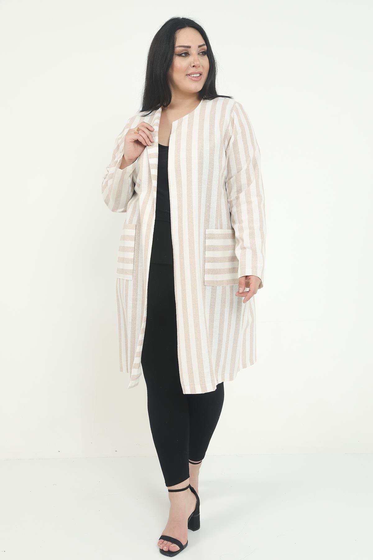 JacketsRound Neck Striped Unlined Beige JacketdisentisRound Neck Striped Unlined Beige Jacket
