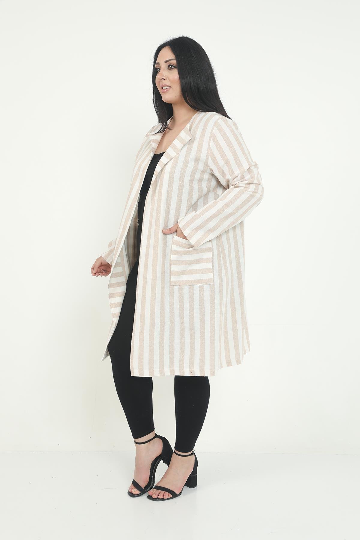 JacketsRound Neck Striped Unlined Beige JacketdisentisRound Neck Striped Unlined Beige Jacket