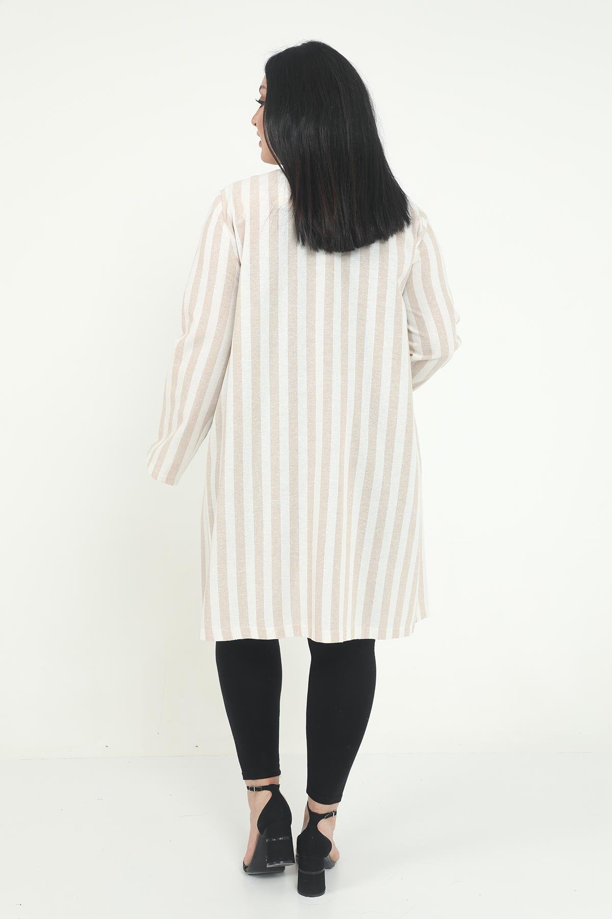 JacketsRound Neck Striped Unlined Beige JacketdisentisRound Neck Striped Unlined Beige Jacket