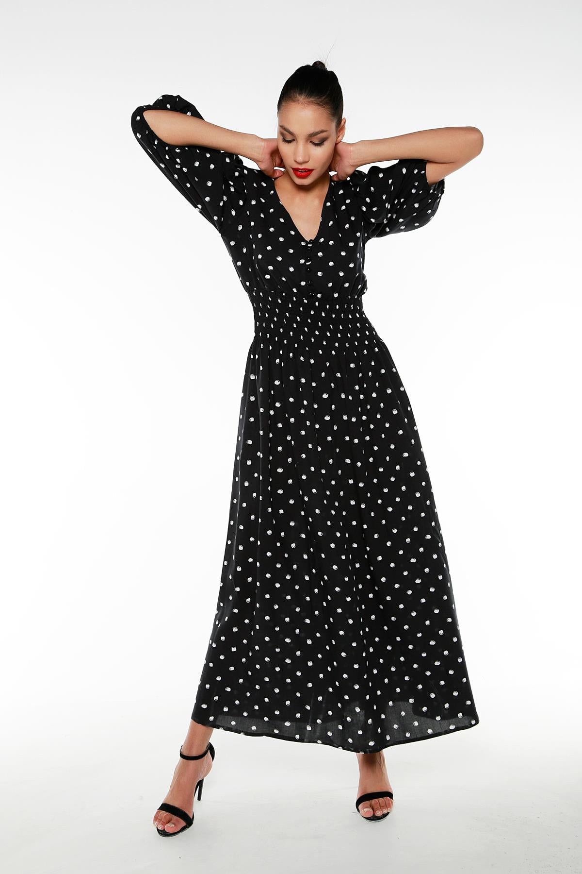 DressesBalloon Sleeve Glittered Waist V-Neck Polka Dot Long Black DressdisentisBalloon Sleeve Glittered Waist V-Neck Polka Dot Long Black Dress