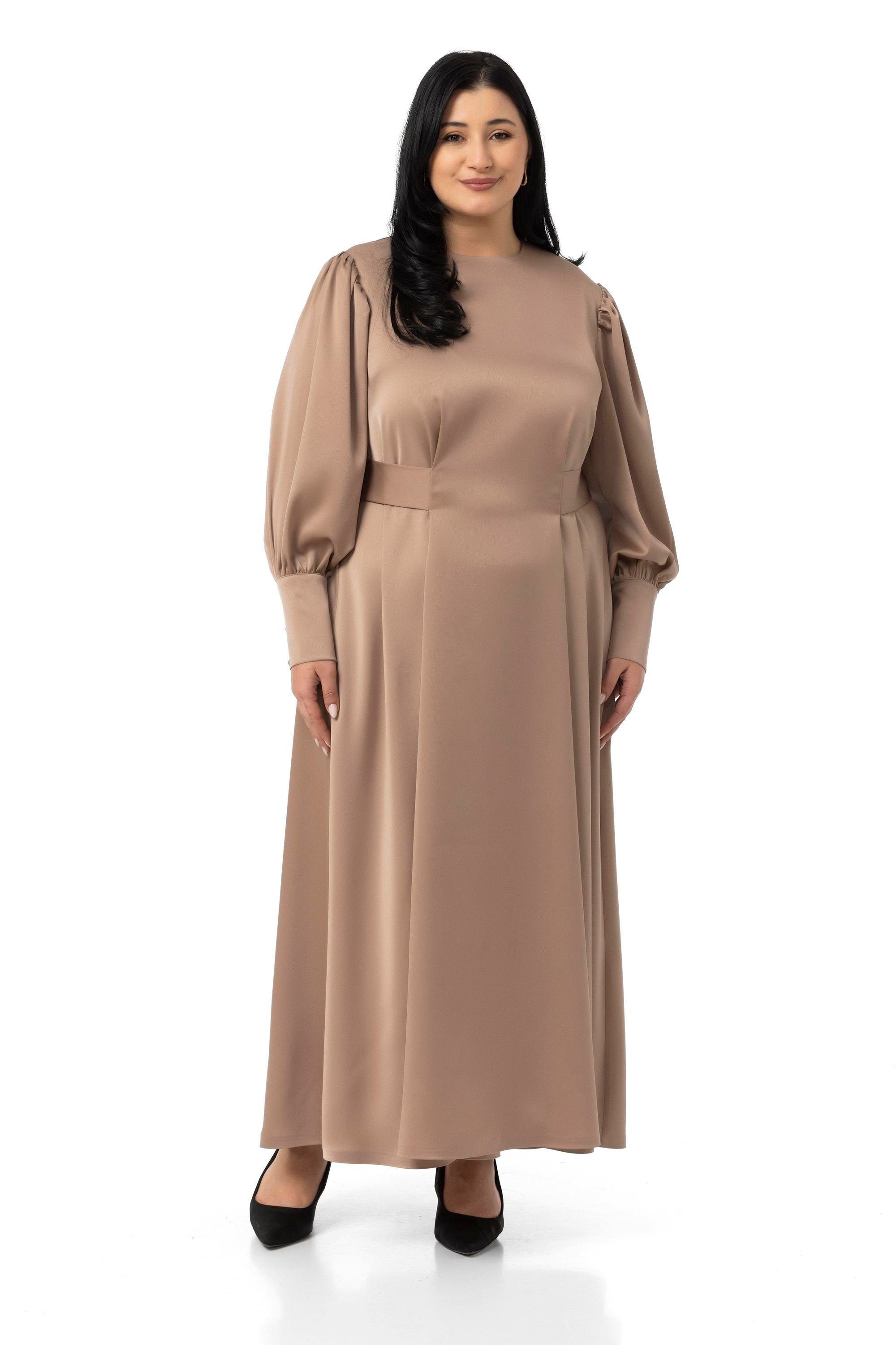 ELBİSEDisentis Modest Büyük Beden Büzgülü Kollu Kuşak Detaylı Uzun Saten Vizon ElbiseDISENTIS MODESTBüyük Beden Büzgülü Kollu Kuşak Detaylı Uzun Saten Vizon Elbise