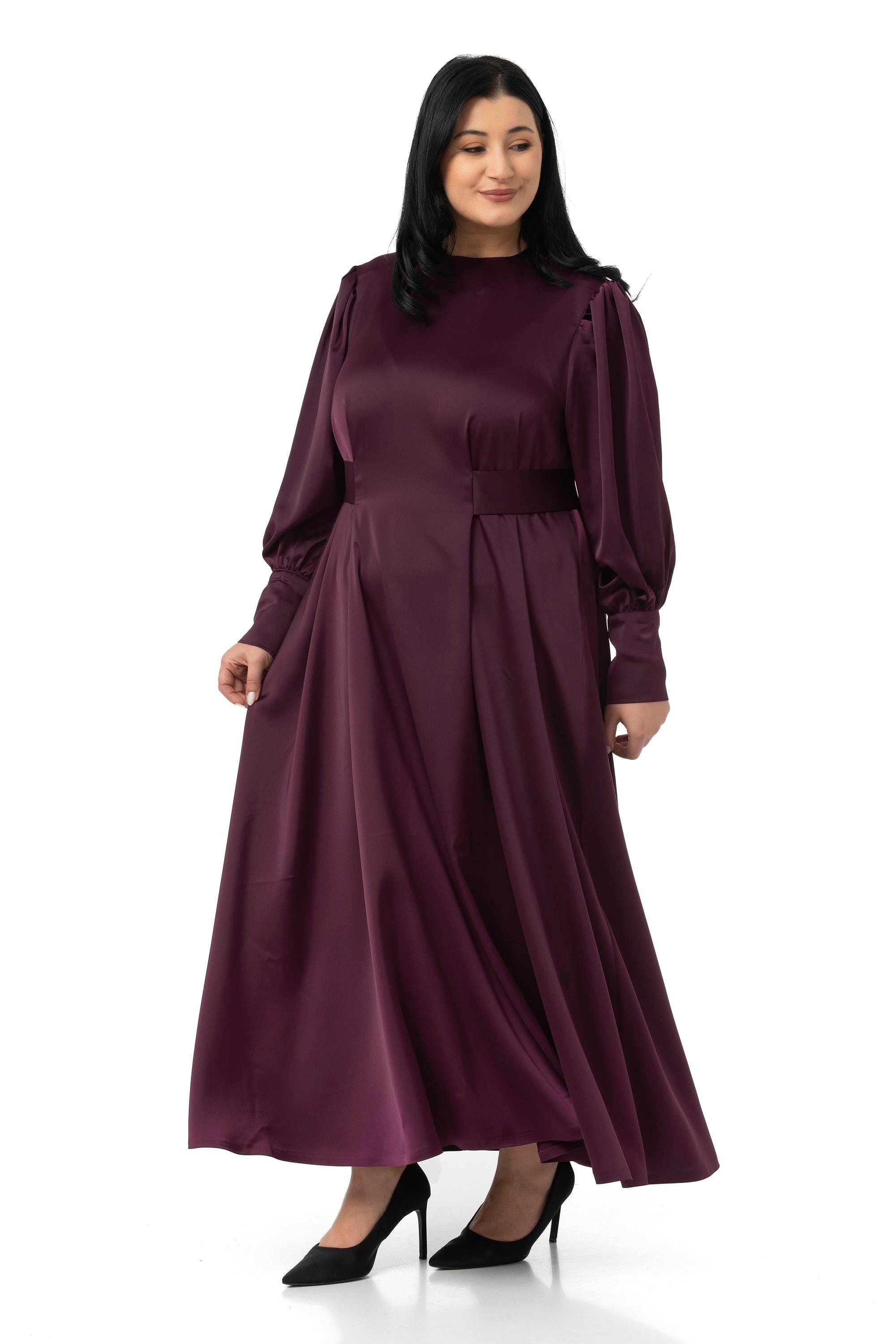 ELBİSEDisentis Modest Büyük Beden Büzgülü Kollu Kuşak Detaylı Uzun Saten Mürdüm ElbiseDISENTIS MODESTBüyük Beden Büzgülü Kollu Kuşak Detaylı Uzun Saten Mürdüm Elbise