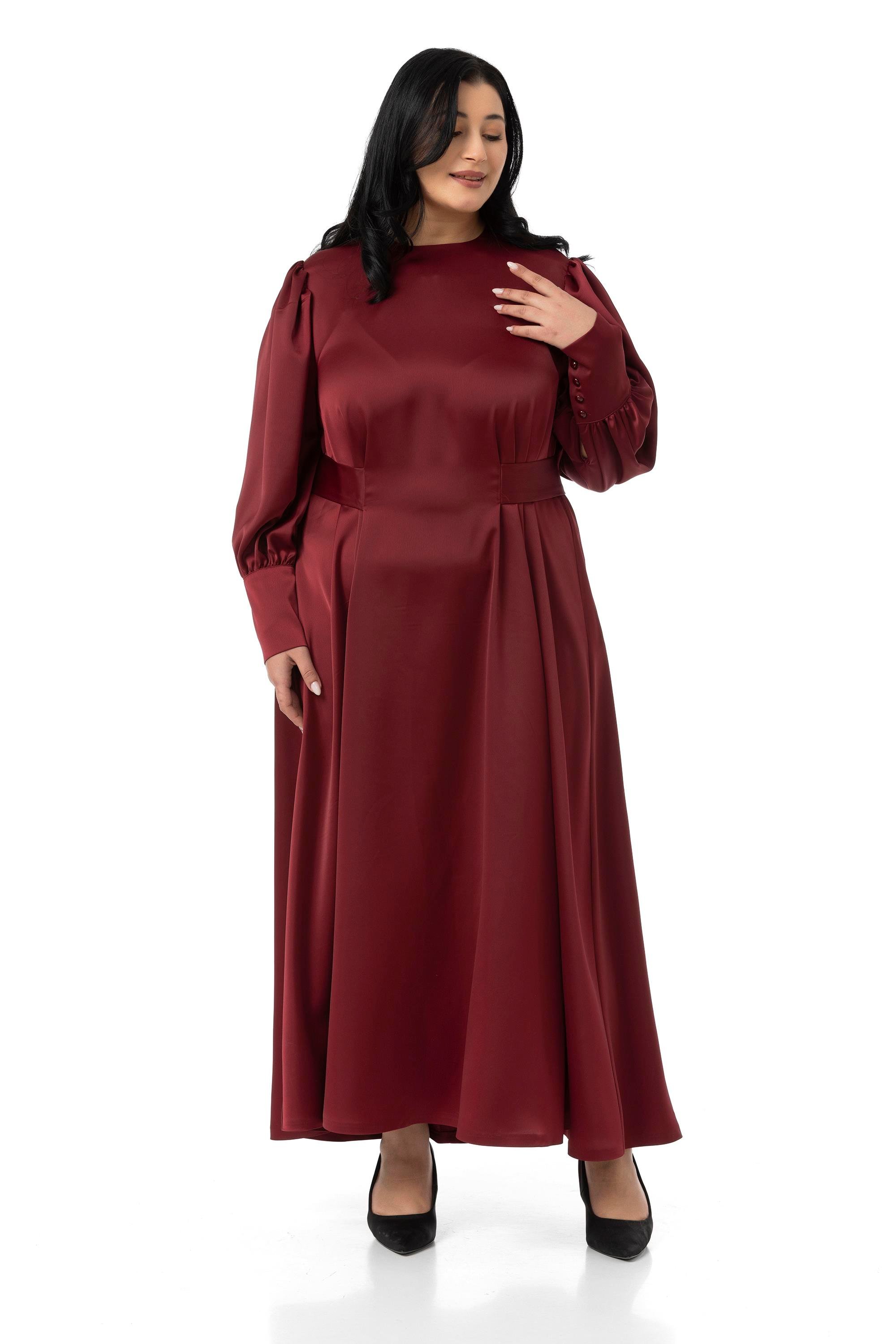 DressesDisentis Modest Büyük Beden Büzgülü Kollu Kuşak Detaylı Uzun Saten Bordo ElbiseDISENTIS MODESTBüyük Beden Büzgülü Kollu Kuşak Detaylı Uzun Saten Bordo Elbise
