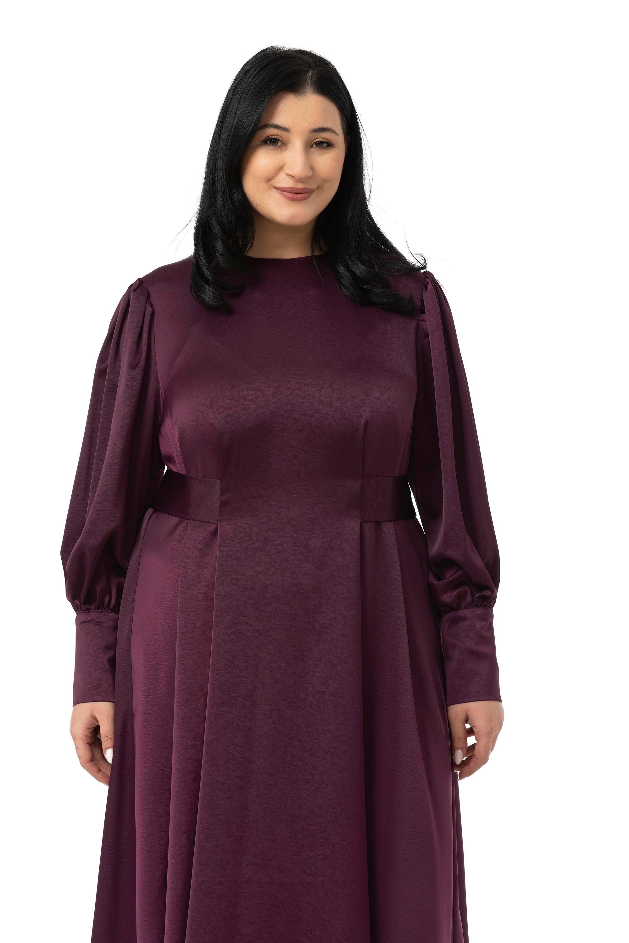 ELBİSEDisentis Modest Büyük Beden Büzgülü Kollu Kuşak Detaylı Uzun Saten Mürdüm ElbiseDISENTIS MODESTBüyük Beden Büzgülü Kollu Kuşak Detaylı Uzun Saten Mürdüm Elbise