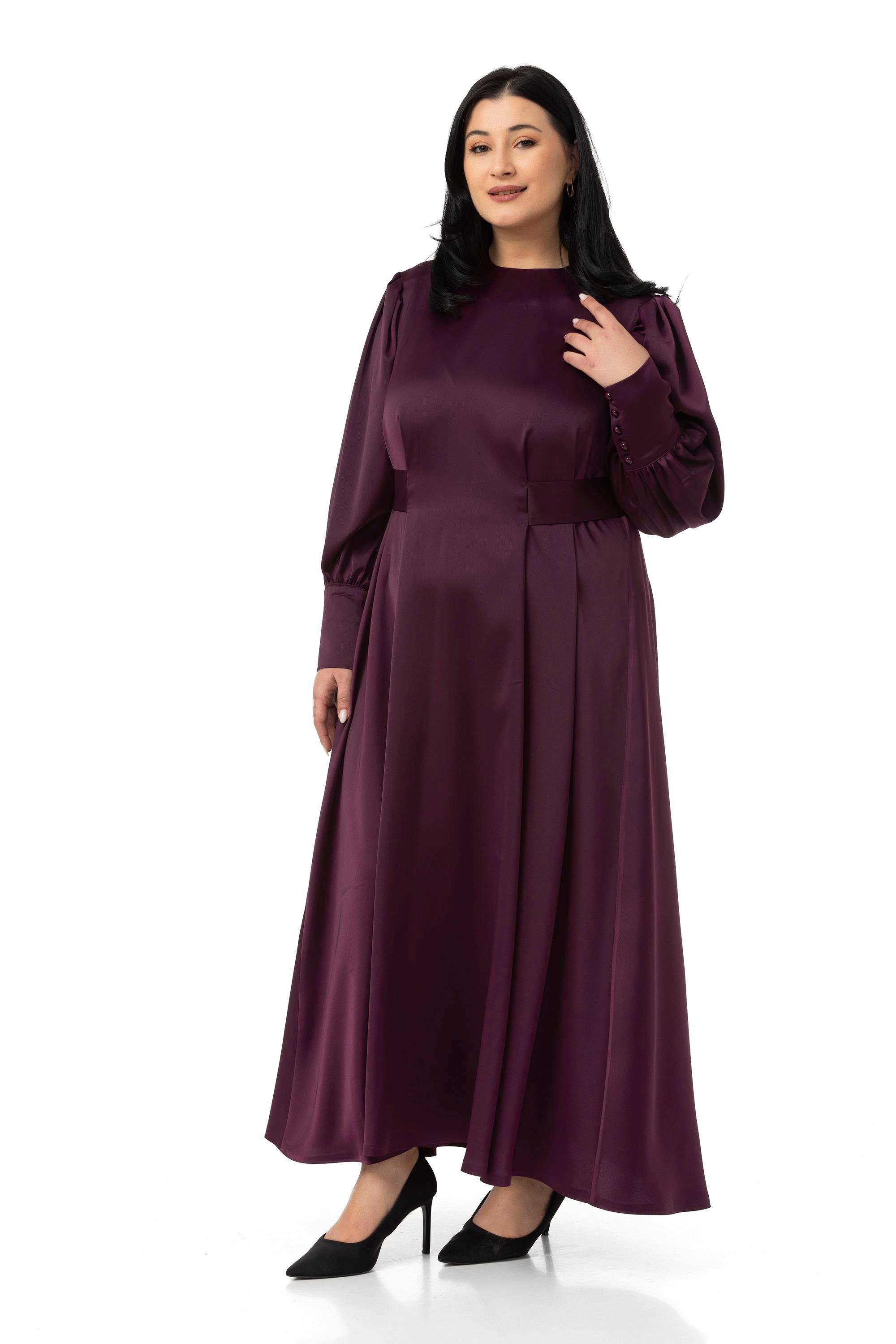 ELBİSEDisentis Modest Büyük Beden Büzgülü Kollu Kuşak Detaylı Uzun Saten Mürdüm ElbiseDISENTIS MODESTBüyük Beden Büzgülü Kollu Kuşak Detaylı Uzun Saten Mürdüm Elbise