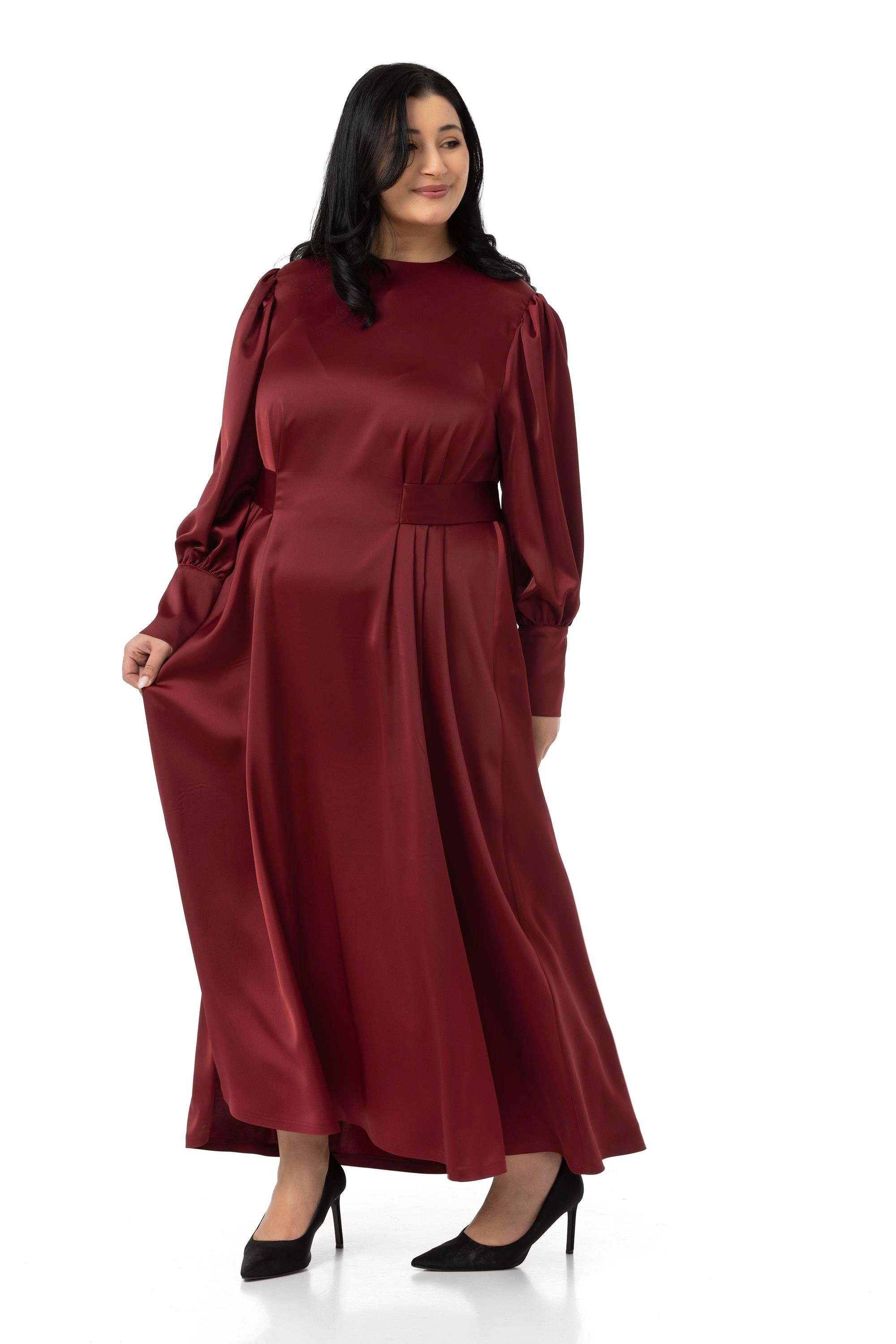 DressesDisentis Modest Büyük Beden Büzgülü Kollu Kuşak Detaylı Uzun Saten Bordo ElbiseDISENTIS MODESTBüyük Beden Büzgülü Kollu Kuşak Detaylı Uzun Saten Bordo Elbise