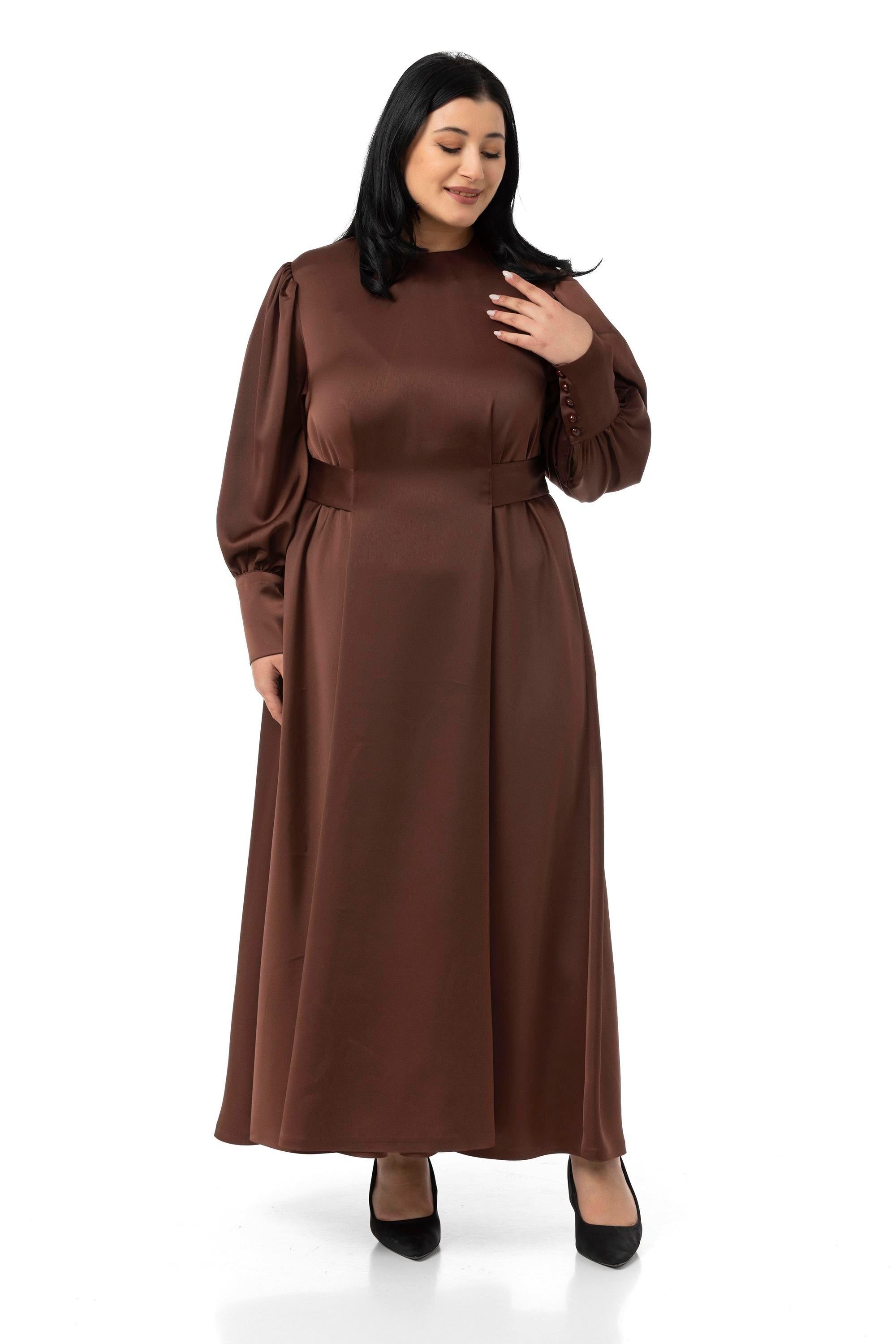 ELBİSEDisentis Modest Büyük Beden Büzgülü Kollu Kuşak Detaylı Uzun Saten Kahverengi ElbiseDISENTIS MODESTBüyük Beden Büzgülü Kollu Kuşak Detaylı Uzun Saten Kahverengi Elbise
