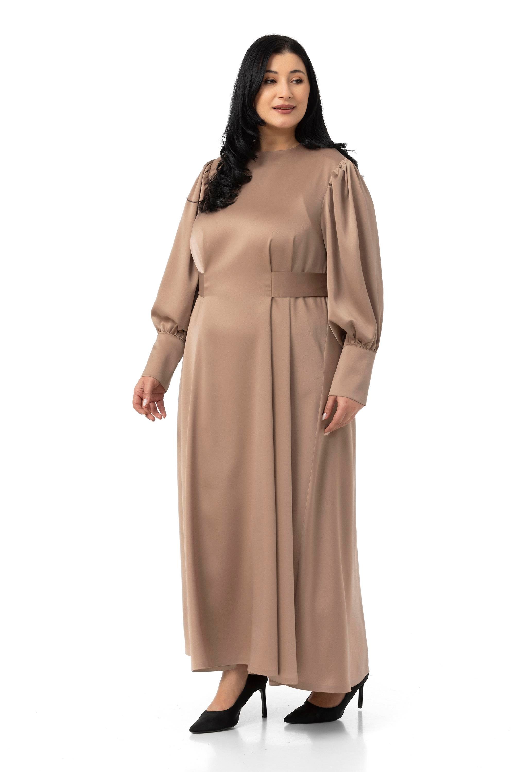 ELBİSEDisentis Modest Büyük Beden Büzgülü Kollu Kuşak Detaylı Uzun Saten Vizon ElbiseDISENTIS MODESTBüyük Beden Büzgülü Kollu Kuşak Detaylı Uzun Saten Vizon Elbise