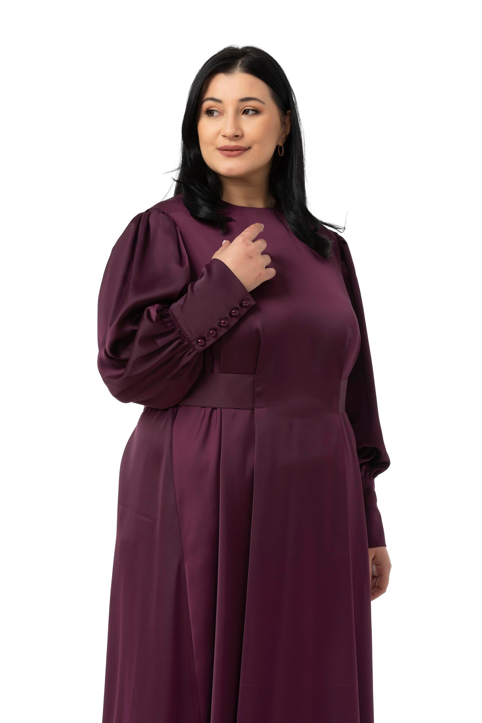 ELBİSEDisentis Modest Büyük Beden Büzgülü Kollu Kuşak Detaylı Uzun Saten Mürdüm ElbiseDISENTIS MODESTBüyük Beden Büzgülü Kollu Kuşak Detaylı Uzun Saten Mürdüm Elbise