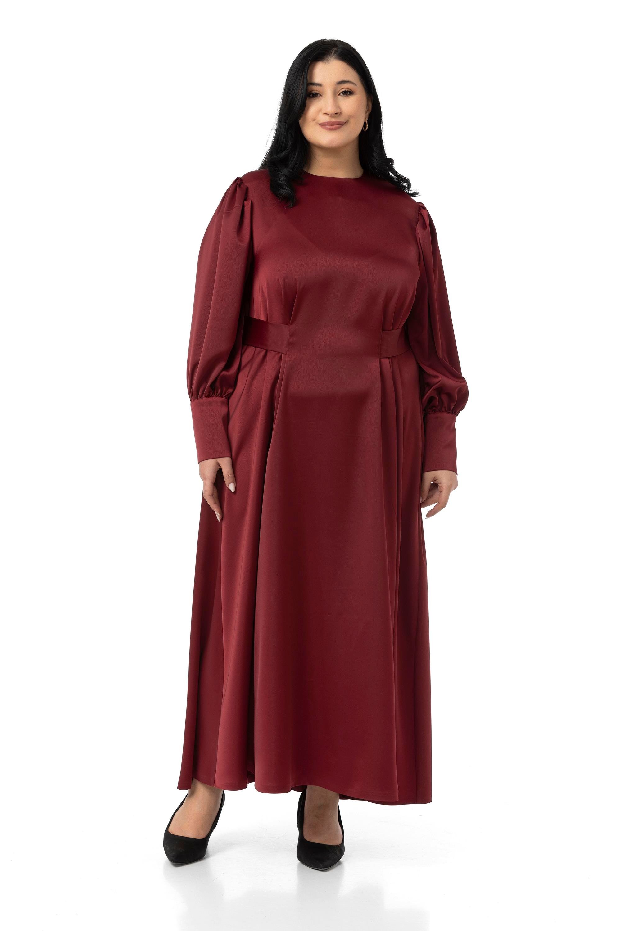 DressesDisentis Modest Büyük Beden Büzgülü Kollu Kuşak Detaylı Uzun Saten Bordo ElbiseDISENTIS MODESTBüyük Beden Büzgülü Kollu Kuşak Detaylı Uzun Saten Bordo Elbise