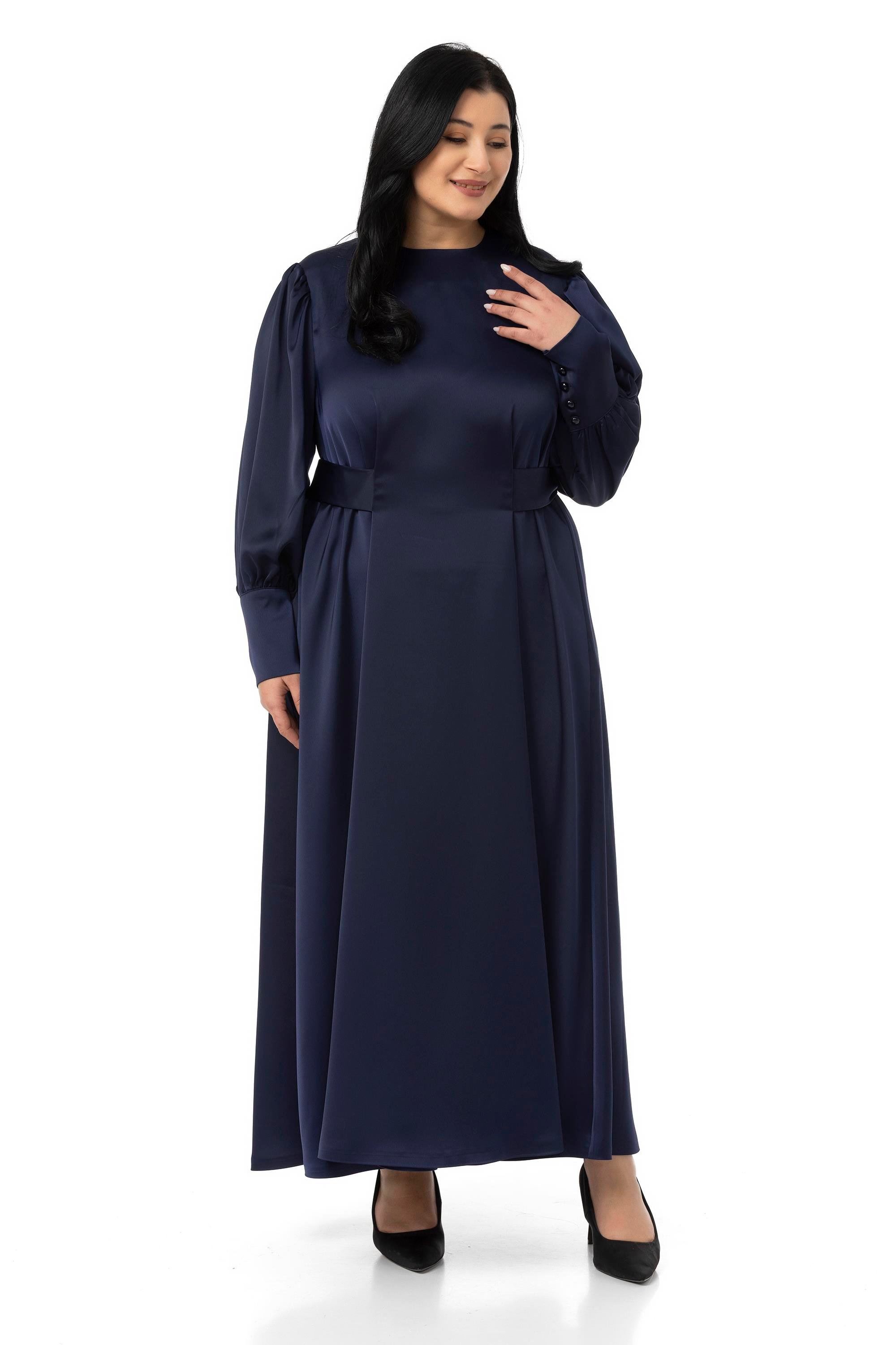 ELBİSEDisentis Modest Büyük Beden Büzgülü Kollu Kuşak Detaylı Uzun Saten Lacivert ElbiseDISENTIS MODESTBüyük Beden Büzgülü Kollu Kuşak Detaylı Uzun Saten Lacivert Elbise