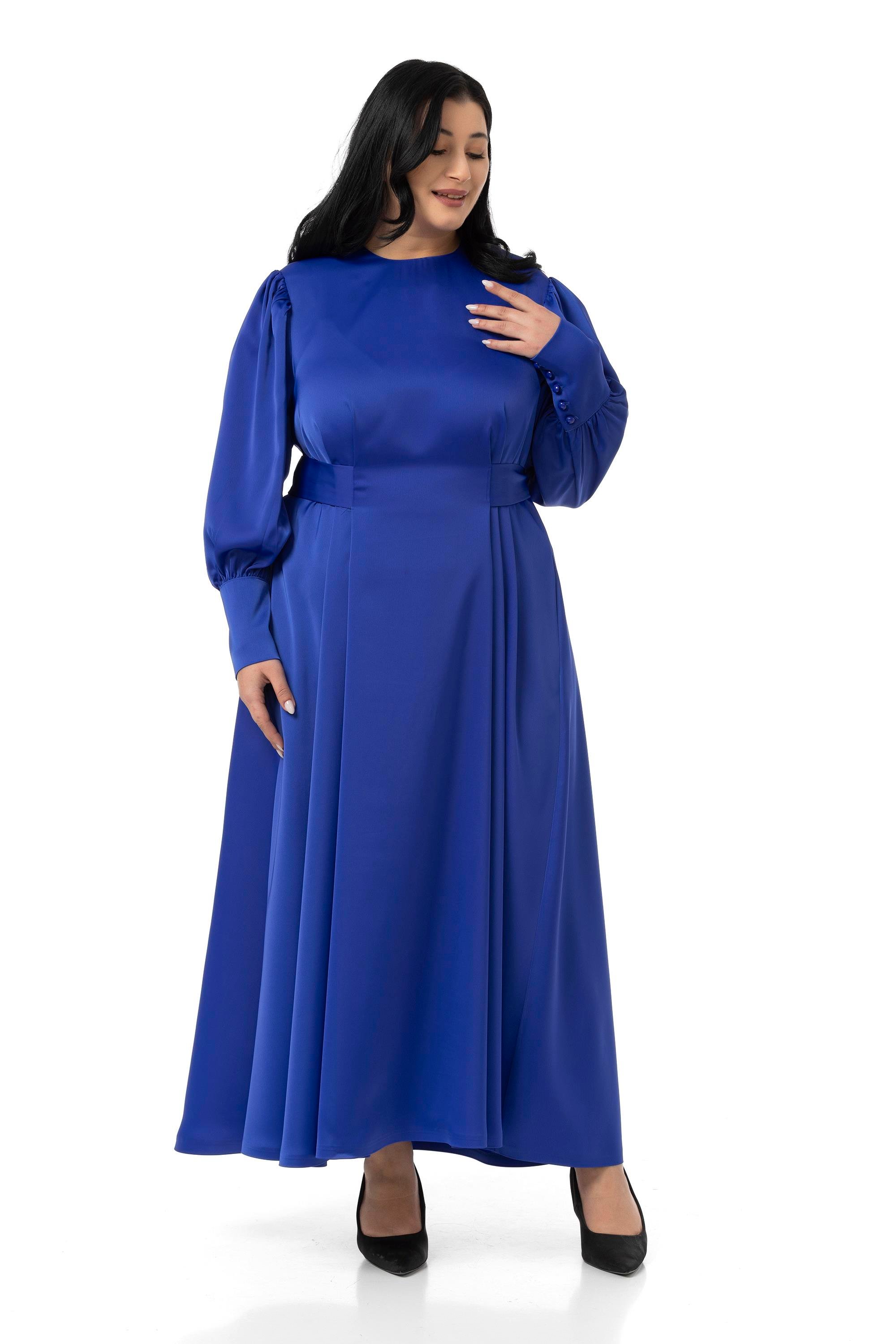 DressesDisentis Modest Büyük Beden Büzgülü Kollu Kuşak Detaylı Uzun Saten Saks Mavi ElbiseDISENTIS MODESTBüyük Beden Büzgülü Kollu Kuşak Detaylı Uzun Saten Saks Mavi Elbise
