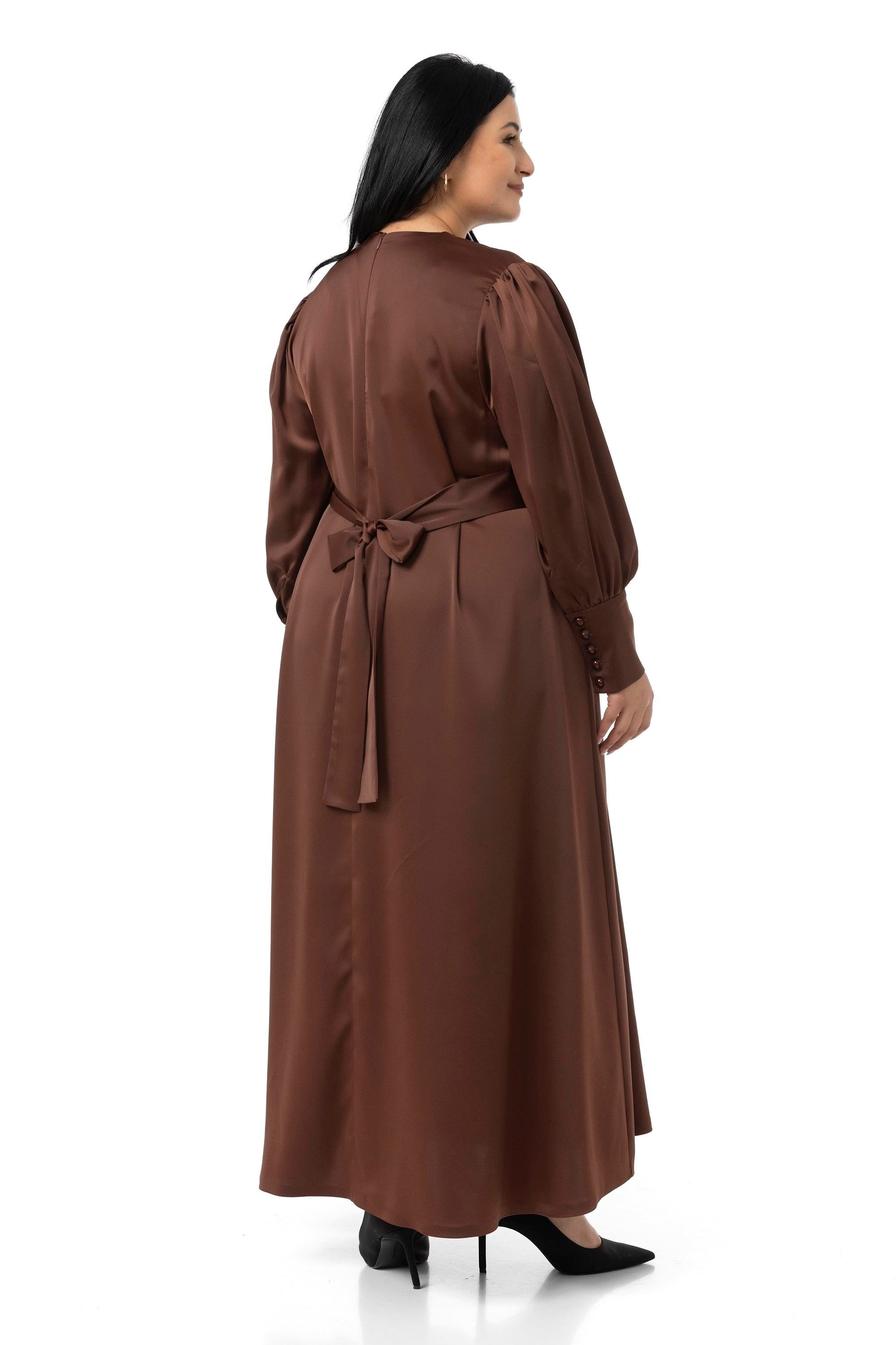 ELBİSEDisentis Modest Büyük Beden Büzgülü Kollu Kuşak Detaylı Uzun Saten Kahverengi ElbiseDISENTIS MODESTBüyük Beden Büzgülü Kollu Kuşak Detaylı Uzun Saten Kahverengi Elbise