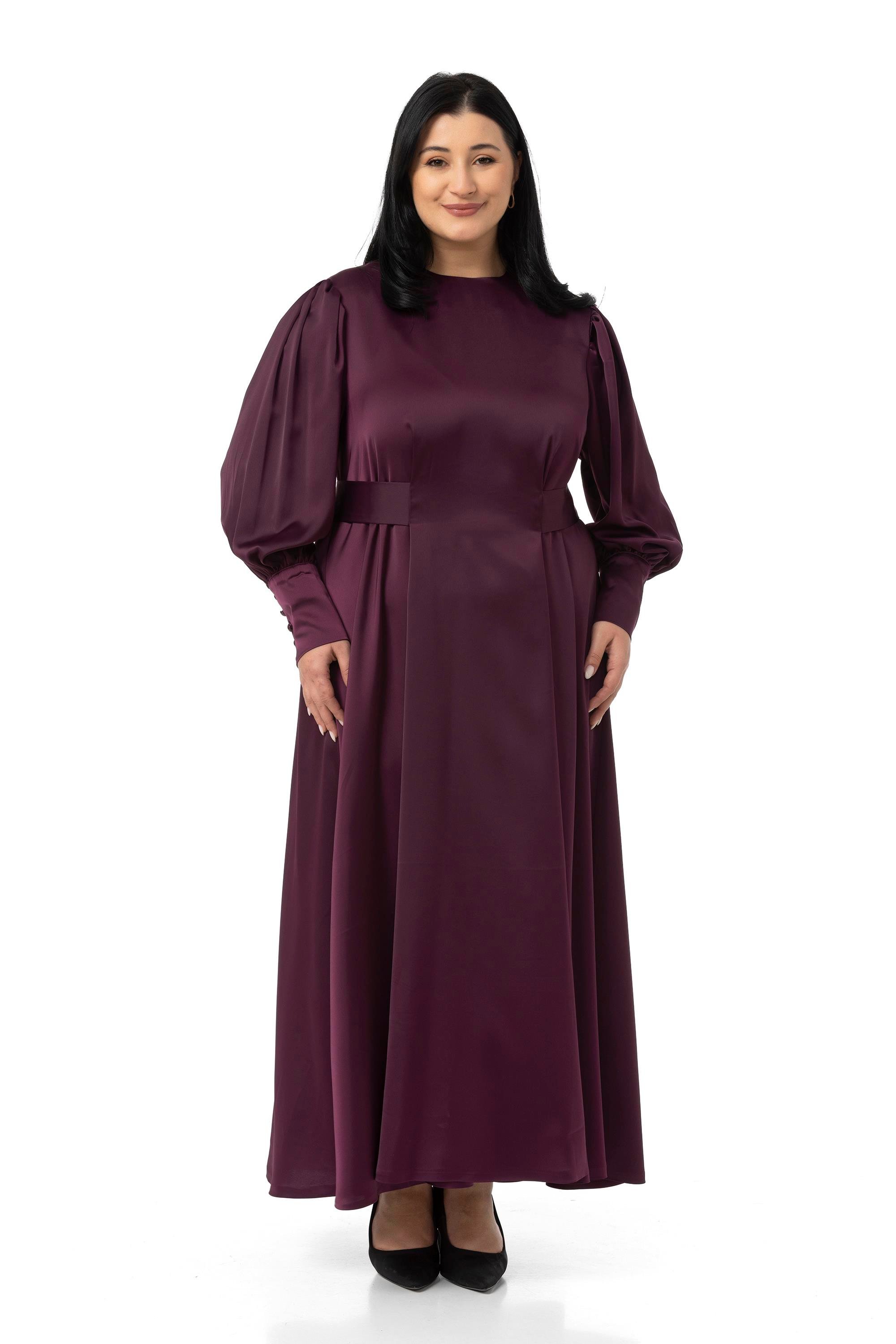 ELBİSEDisentis Modest Büyük Beden Büzgülü Kollu Kuşak Detaylı Uzun Saten Mürdüm ElbiseDISENTIS MODESTBüyük Beden Büzgülü Kollu Kuşak Detaylı Uzun Saten Mürdüm Elbise