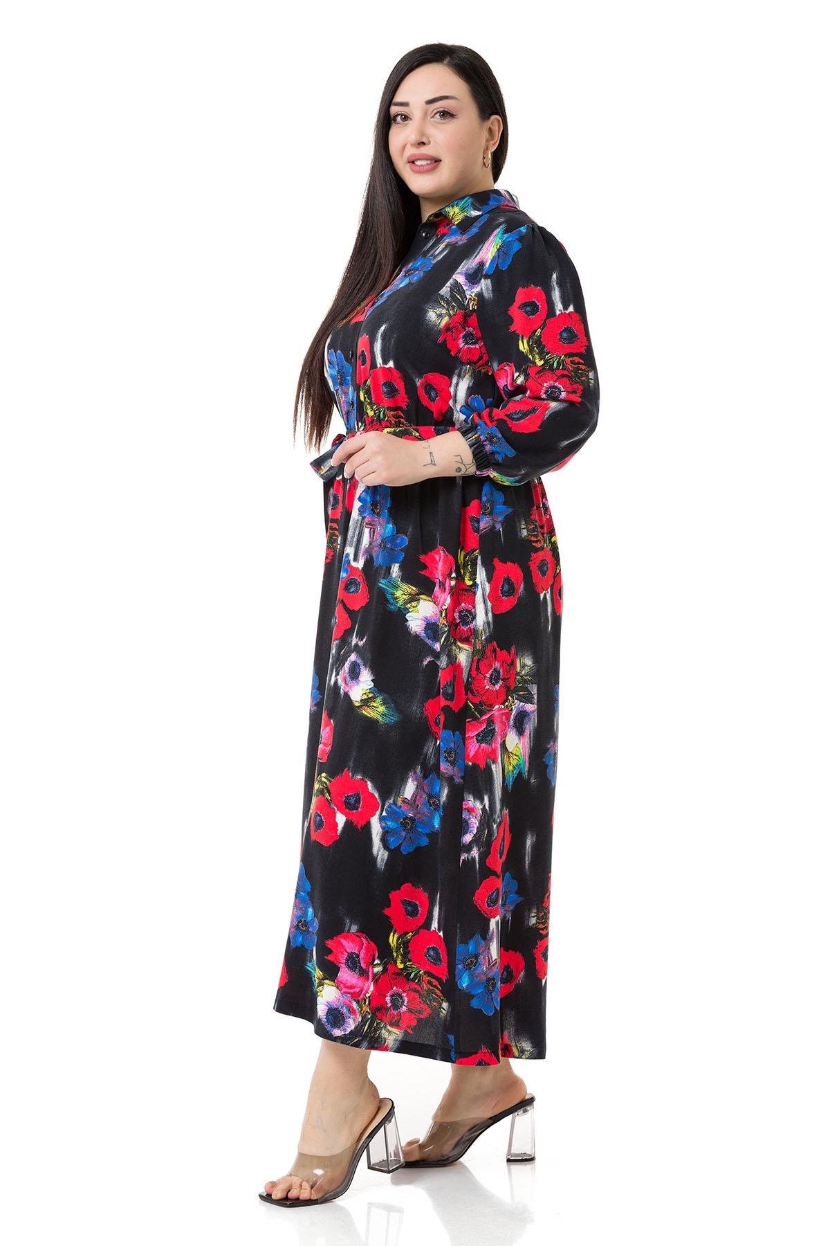 ELBİSEDisentis Modest Gömlek Yaka Kolları ve Beli Büzgülü Kuşak Detaylı Çiçek Desenli Dokuma Viskon Siyah ElbiseDISENTIS MODESTBüyük Beden Gömlek Yaka Kolları ve Beli Büzgülü Kuşak Detaylı Çiçek Desenli Dokuma Viskon Siyah Elbise