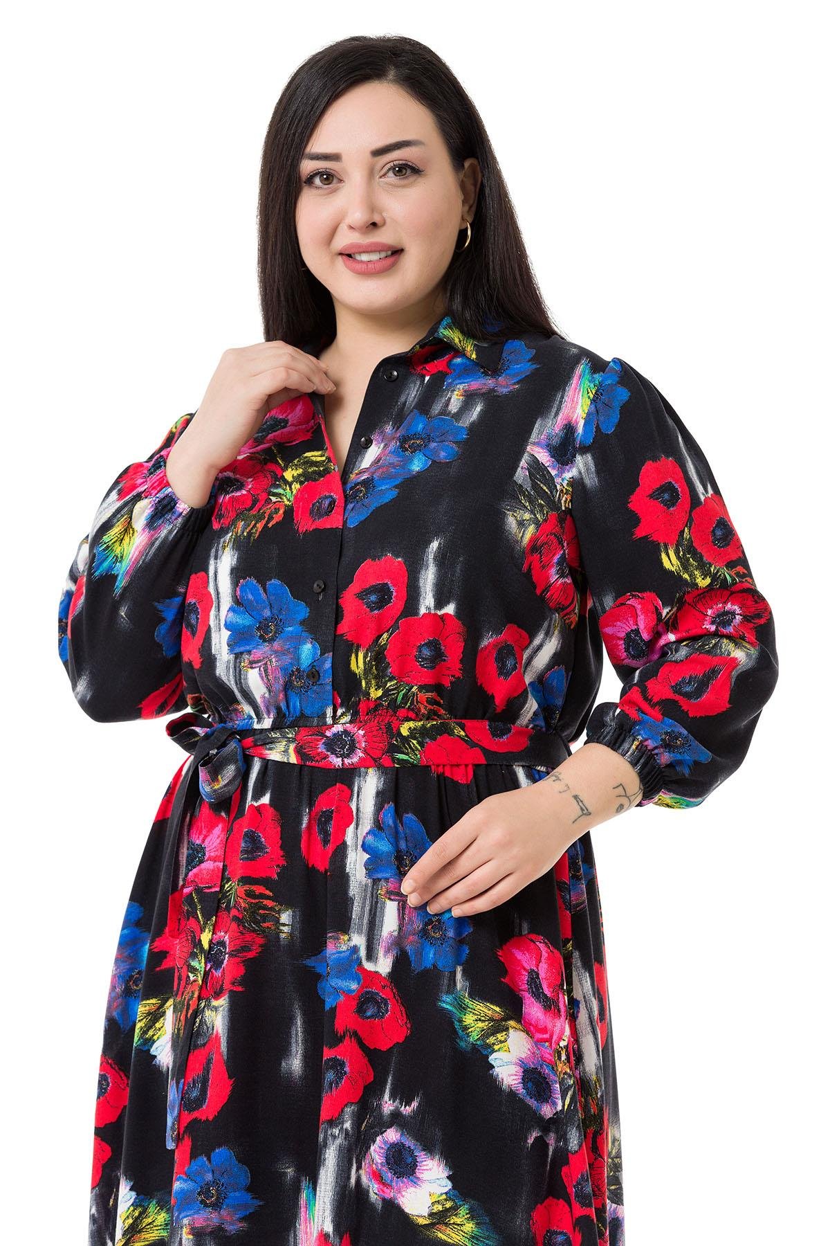 ELBİSEDisentis Modest Gömlek Yaka Kolları ve Beli Büzgülü Kuşak Detaylı Çiçek Desenli Dokuma Viskon Siyah ElbiseDISENTIS MODESTBüyük Beden Gömlek Yaka Kolları ve Beli Büzgülü Kuşak Detaylı Çiçek Desenli Dokuma Viskon Siyah Elbise