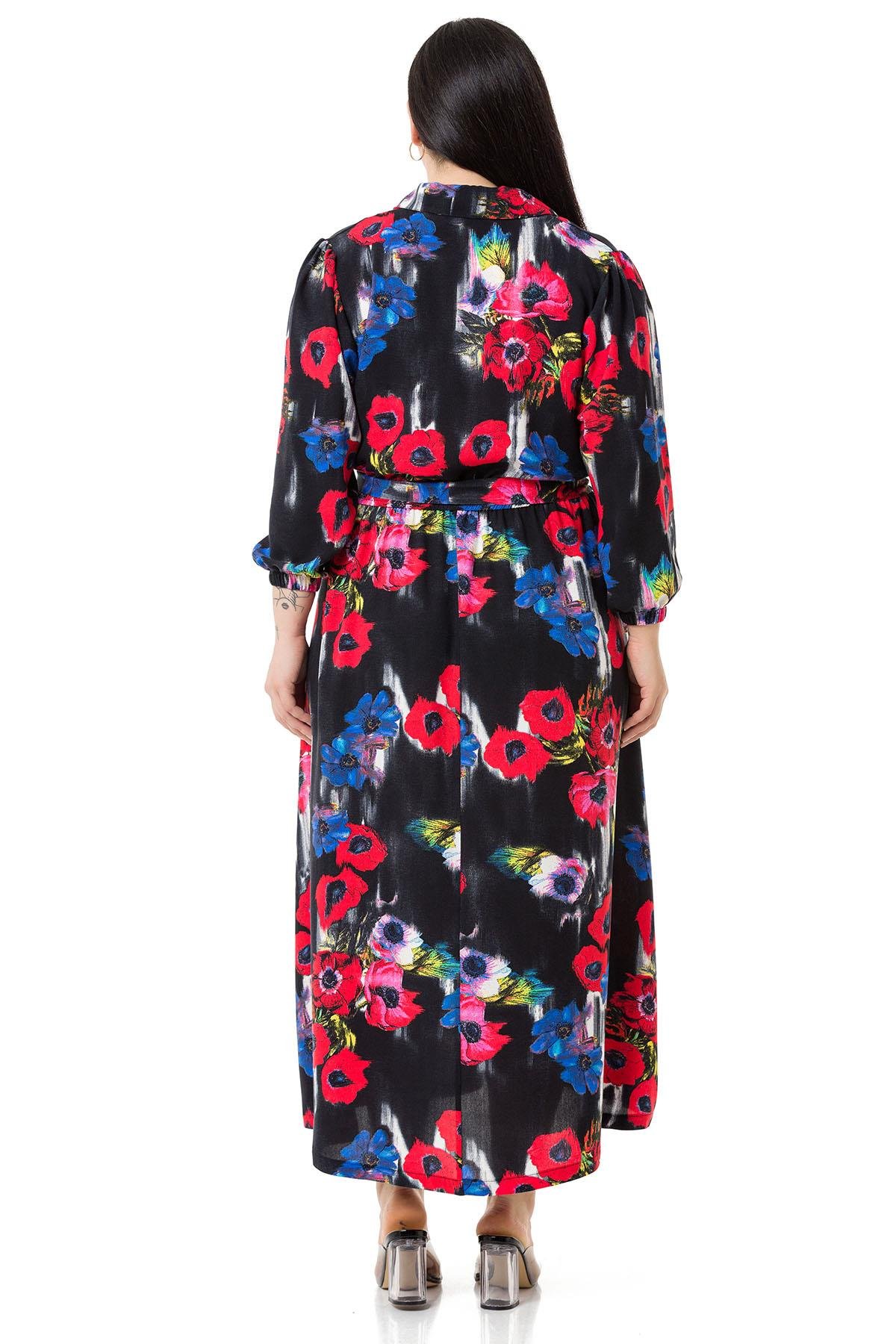 ELBİSEDisentis Modest Gömlek Yaka Kolları ve Beli Büzgülü Kuşak Detaylı Çiçek Desenli Dokuma Viskon Siyah ElbiseDISENTIS MODESTBüyük Beden Gömlek Yaka Kolları ve Beli Büzgülü Kuşak Detaylı Çiçek Desenli Dokuma Viskon Siyah Elbise