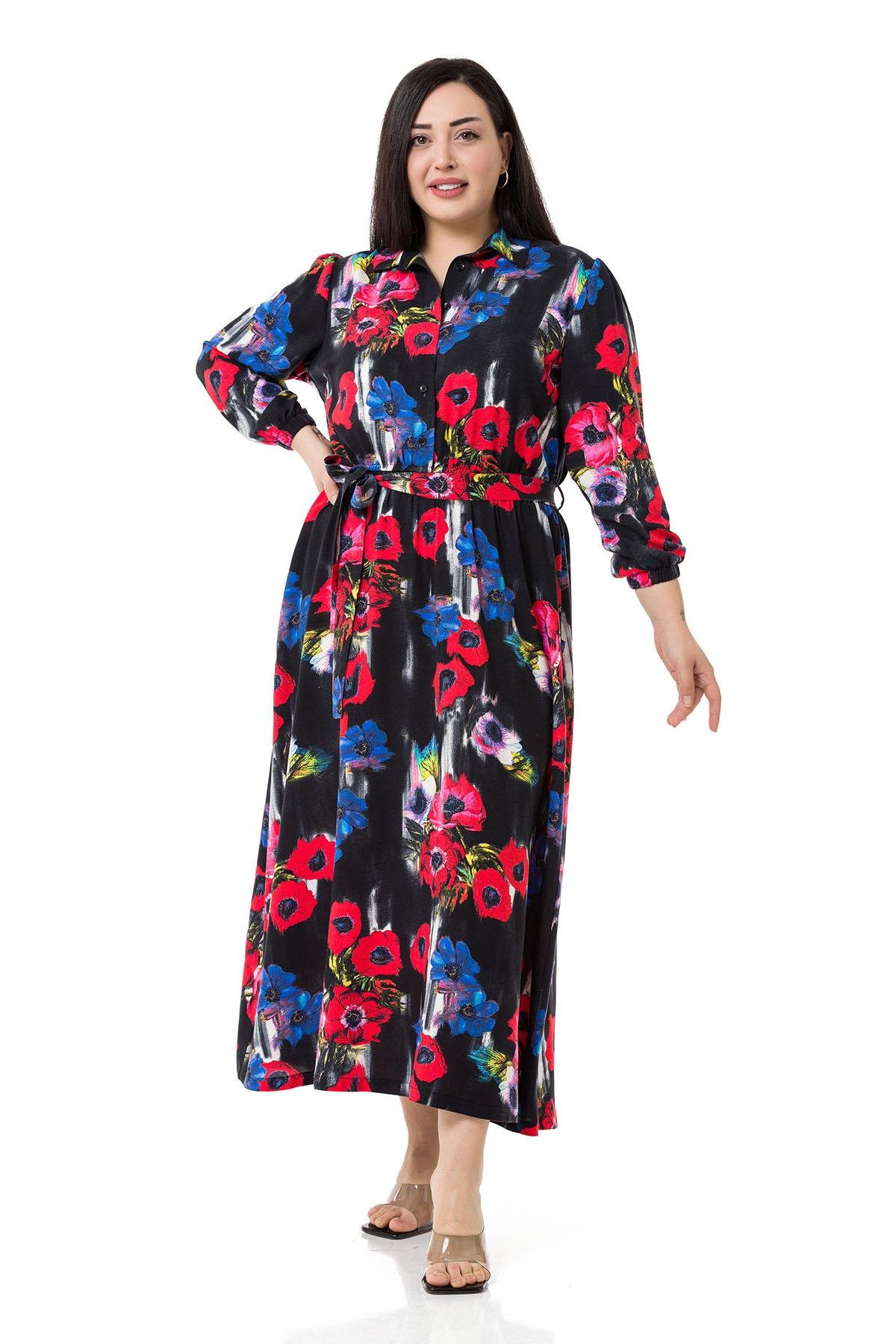 ELBİSEDisentis Modest Gömlek Yaka Kolları ve Beli Büzgülü Kuşak Detaylı Çiçek Desenli Dokuma Viskon Siyah ElbiseDISENTIS MODESTBüyük Beden Gömlek Yaka Kolları ve Beli Büzgülü Kuşak Detaylı Çiçek Desenli Dokuma Viskon Siyah Elbise