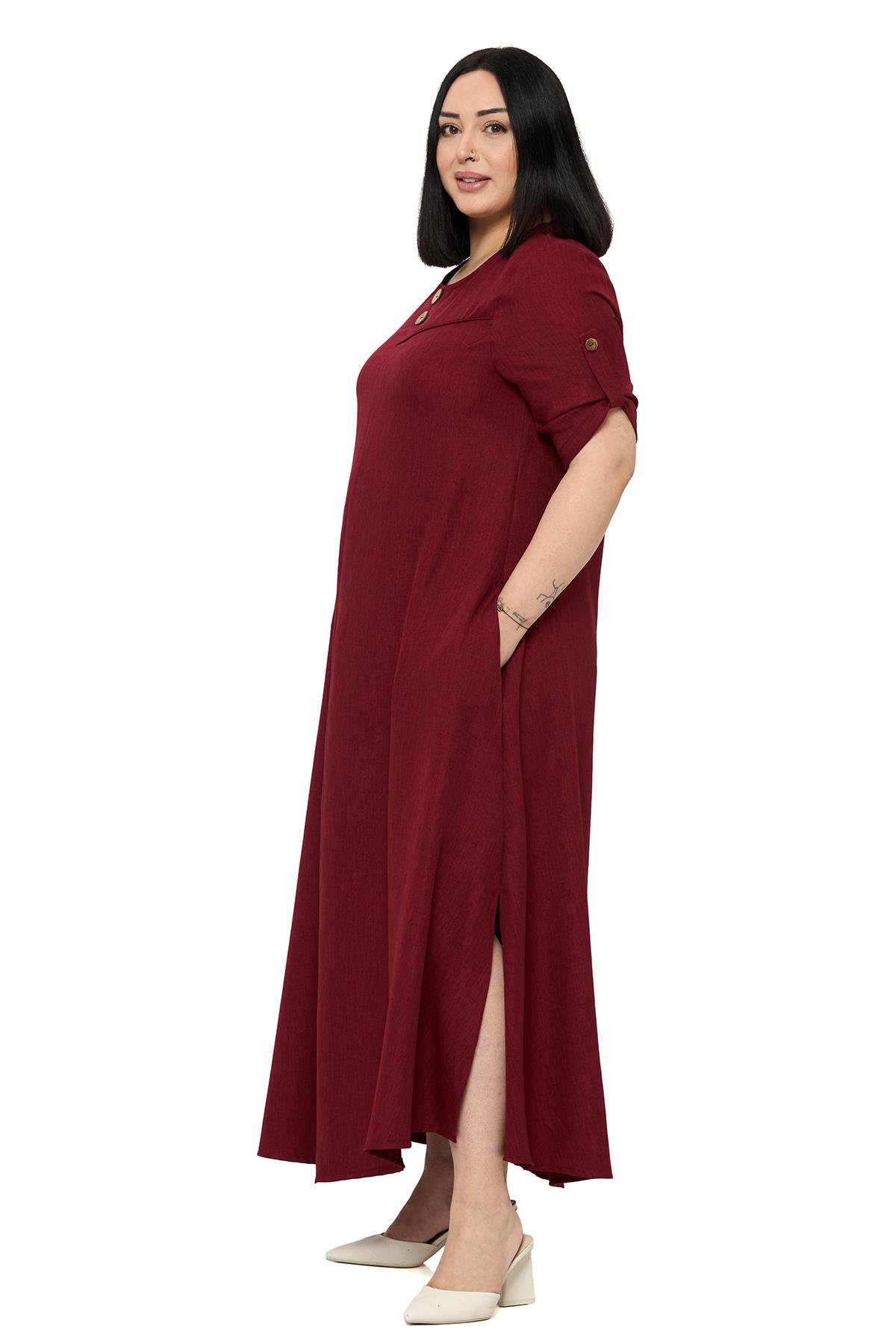 ELBİSEDisentis Modest Büyük Beden Katlamalı Yarım Kollu Apoletli Yırtmaçlı Uzun Bordo Elbise DISENTIS MODESTBüyük Beden Katlamalı Yarım Kollu Apoletli Yırtmaçlı Uzun Bordo Elbise 