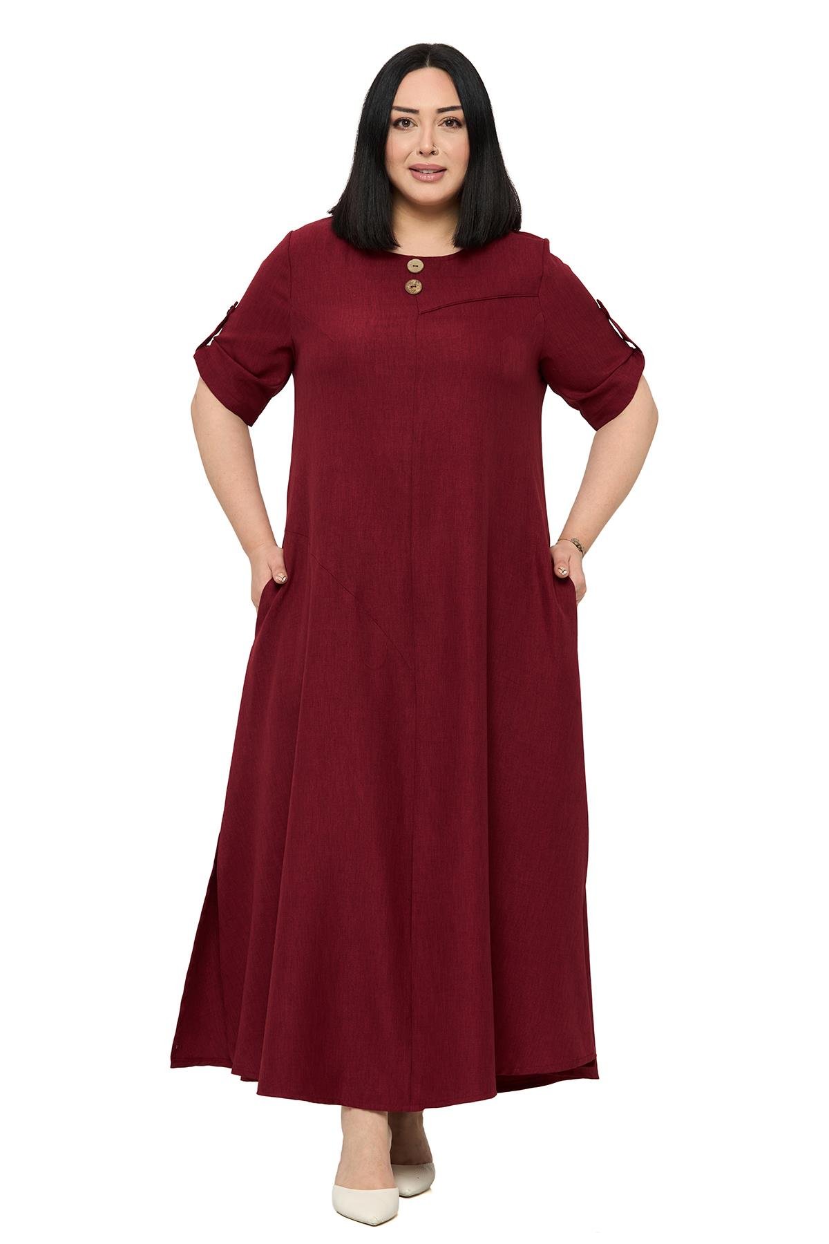 ELBİSEDisentis Modest Büyük Beden Katlamalı Yarım Kollu Apoletli Yırtmaçlı Uzun Bordo Elbise DISENTIS MODESTBüyük Beden Katlamalı Yarım Kollu Apoletli Yırtmaçlı Uzun Bordo Elbise 