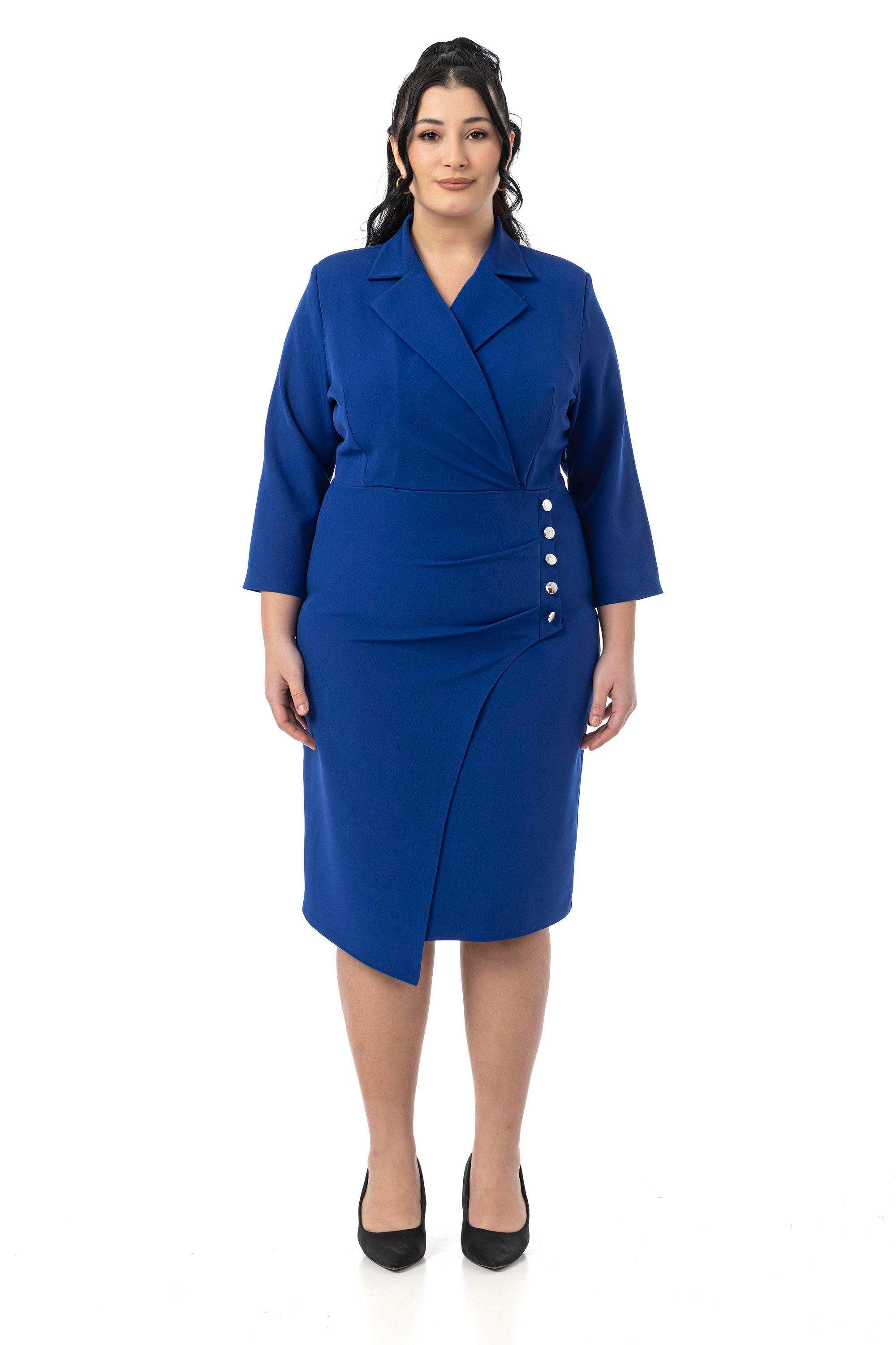 ELBİSEDisentis Modest Büyük Beden Kruvaze Ceket Yaka Süs Düğme Detaylı Truvakar Kol Saks Mavi ElbiseDISENTIS MODESTBüyük Beden Kruvaze Ceket Yaka Süs Düğme Detaylı Truvakar Kol Saks Mavi Elbise