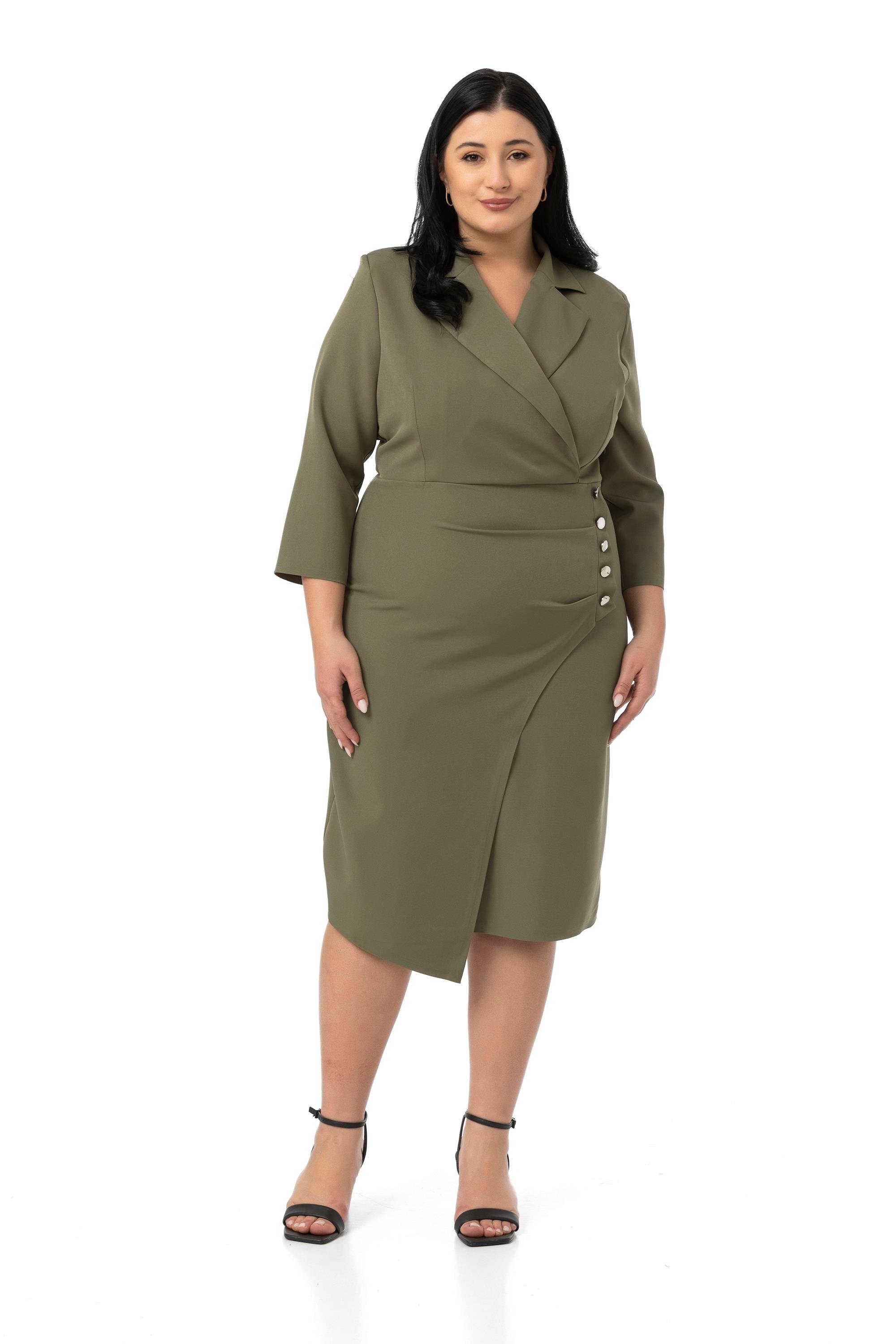 ELBİSEDisentis Modest Büyük Beden Kruvaze Ceket Yaka Süs Düğme Detaylı Truvakar Kol Haki ElbiseDISENTIS MODESTBüyük Beden Kruvaze Ceket Yaka Süs Düğme Detaylı Truvakar Kol Haki Elbise