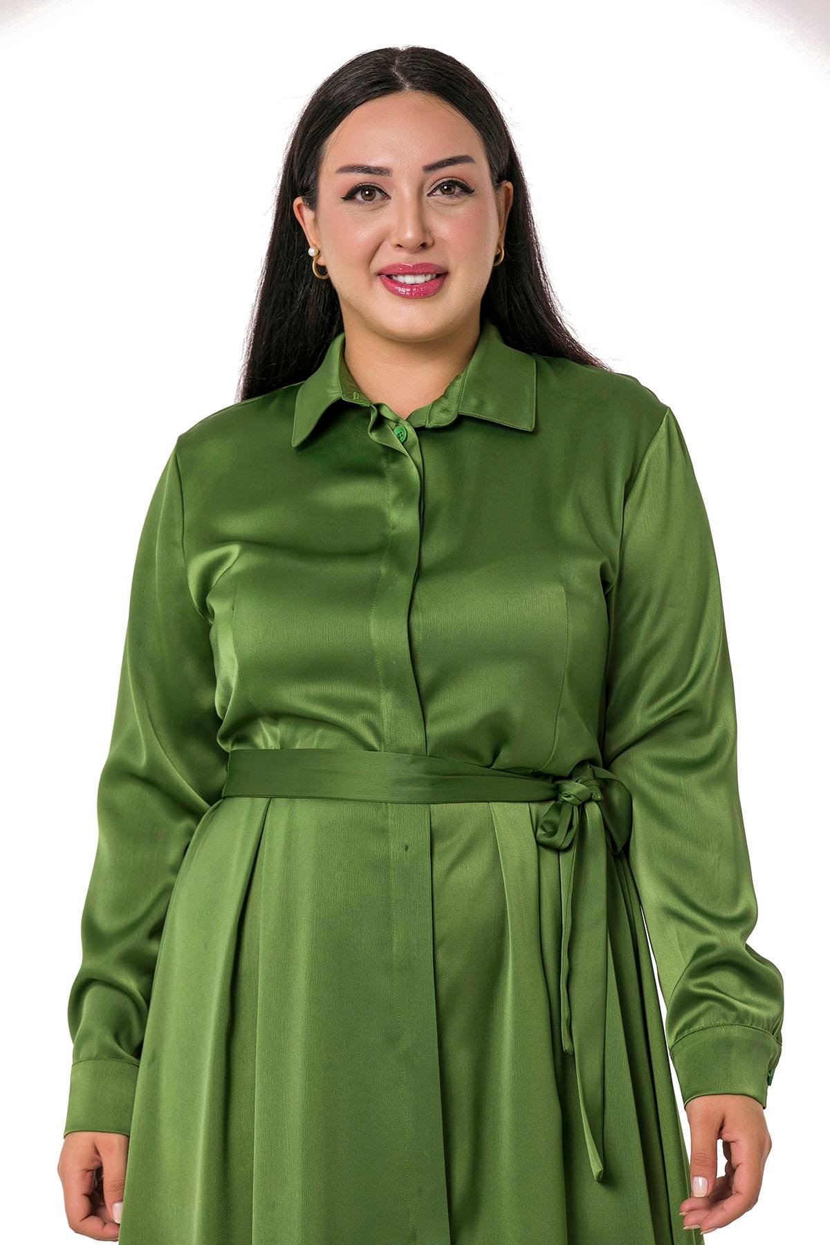 ELBİSEDisentis Modest Önden Düğmeli Uzun Kollu Kuşak Detaylı Saten Kumaş Yeşil ElbiseDISENTIS MODESTBüyük Beden Önden Düğmeli Uzun Kollu Kuşak Detaylı Saten Kumaş Yeşil Elbise