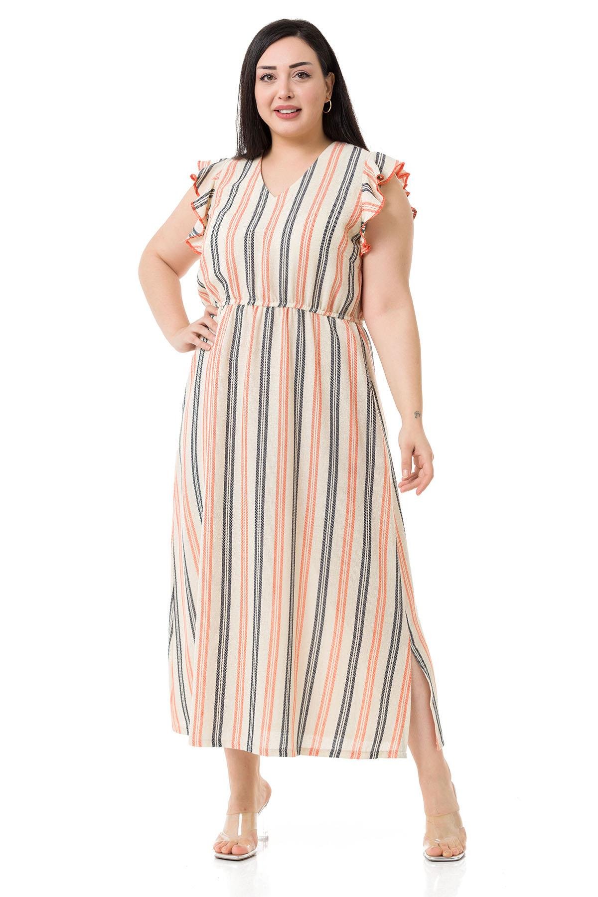 ELBİSEDisentis Modest  V Yaka Çizgi Desenli Pamuk Keten Kumaş Kolları Fırfırlı Eteği Yırtmaçlı Krem ElbiseDISENTIS MODESTBüyük Beden V Yaka Çizgi Desenli Pamuk Keten Kumaş Kolları Fırfırlı Eteği Yırtmaçlı Krem Elbise