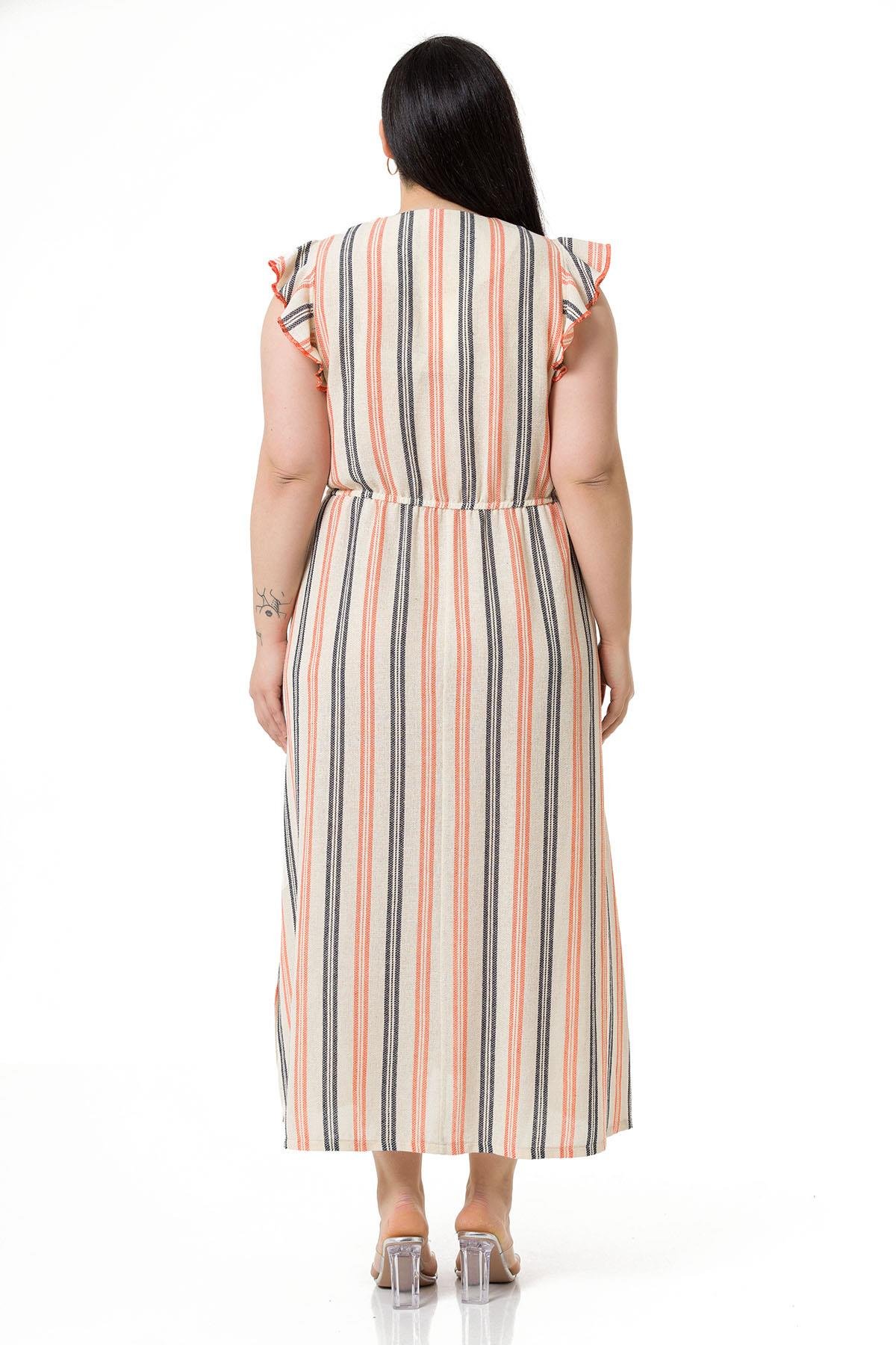 ELBİSEDisentis Modest  V Yaka Çizgi Desenli Pamuk Keten Kumaş Kolları Fırfırlı Eteği Yırtmaçlı Krem ElbiseDISENTIS MODESTBüyük Beden V Yaka Çizgi Desenli Pamuk Keten Kumaş Kolları Fırfırlı Eteği Yırtmaçlı Krem Elbise