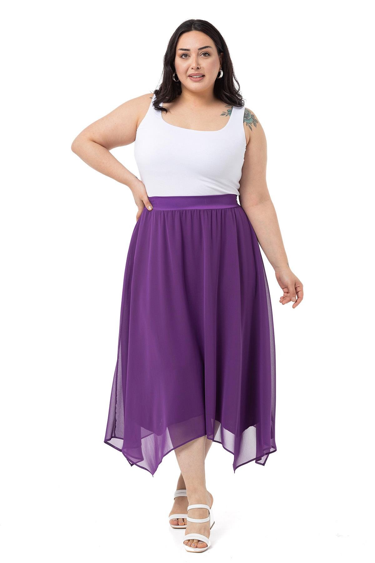EtekDisentis Modest Asimetrik Kesim Astarlı Mor Şifon EtekDISENTIS MODESTBüyük Beden Asimetrik Kesim Astarlı Mor Şifon Etek