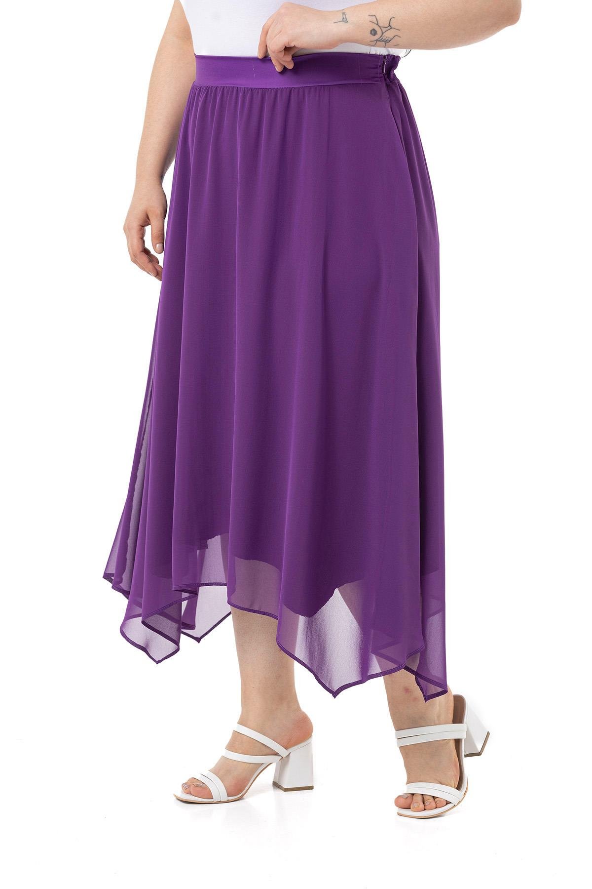 EtekDisentis Modest Asimetrik Kesim Astarlı Mor Şifon EtekDISENTIS MODESTBüyük Beden Asimetrik Kesim Astarlı Mor Şifon Etek