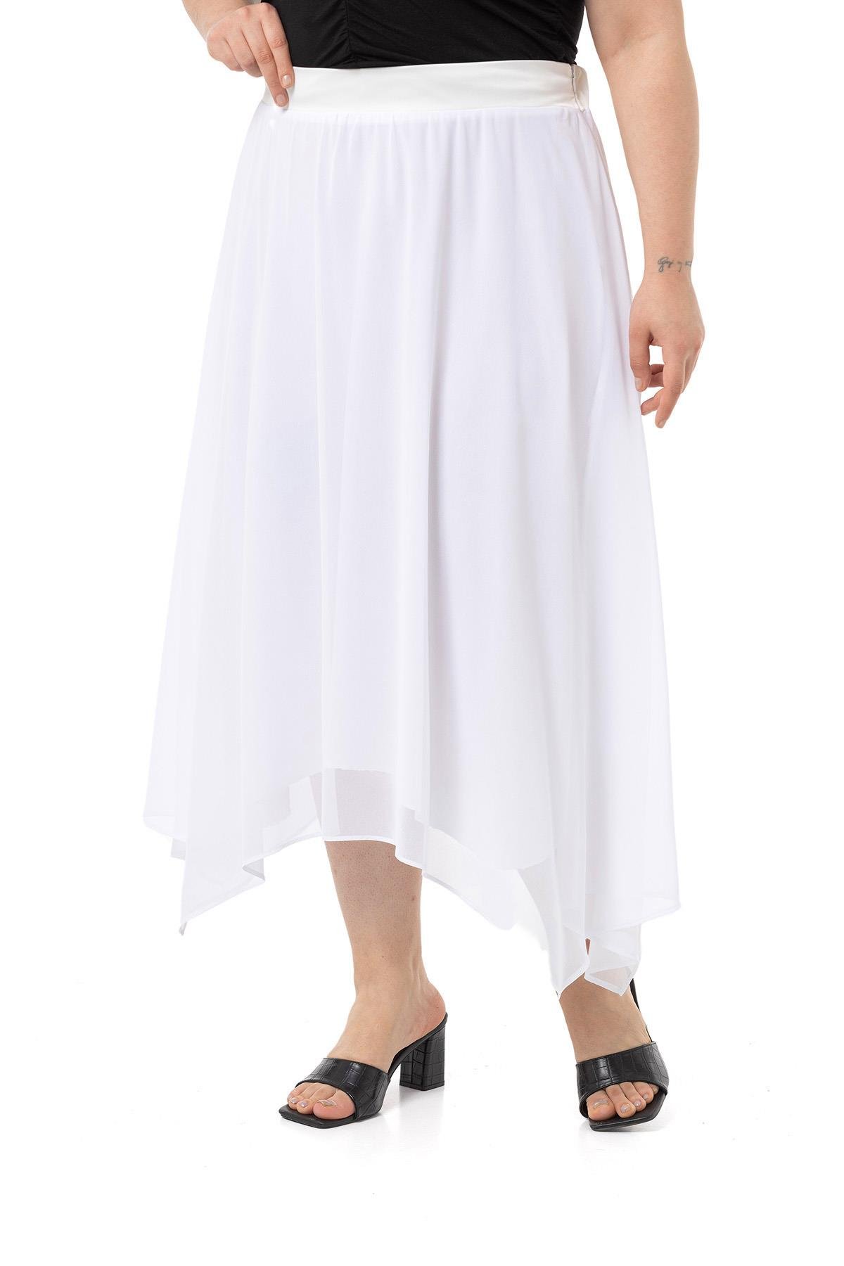 EtekDisentis Modest Asimetrik Kesim Astarlı Beyaz Şifon EtekDISENTIS MODESTBüyük Beden Asimetrik Kesim Astarlı Beyaz Şifon Etek