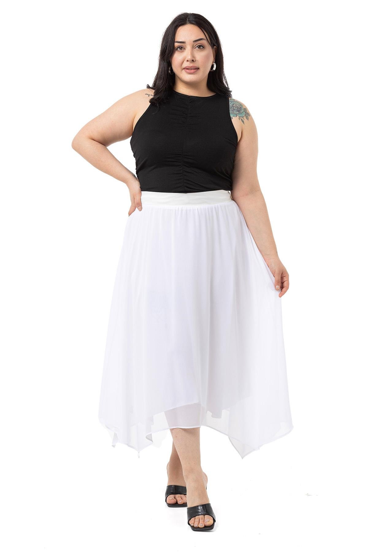 EtekDisentis Modest Asimetrik Kesim Astarlı Beyaz Şifon EtekDISENTIS MODESTBüyük Beden Asimetrik Kesim Astarlı Beyaz Şifon Etek