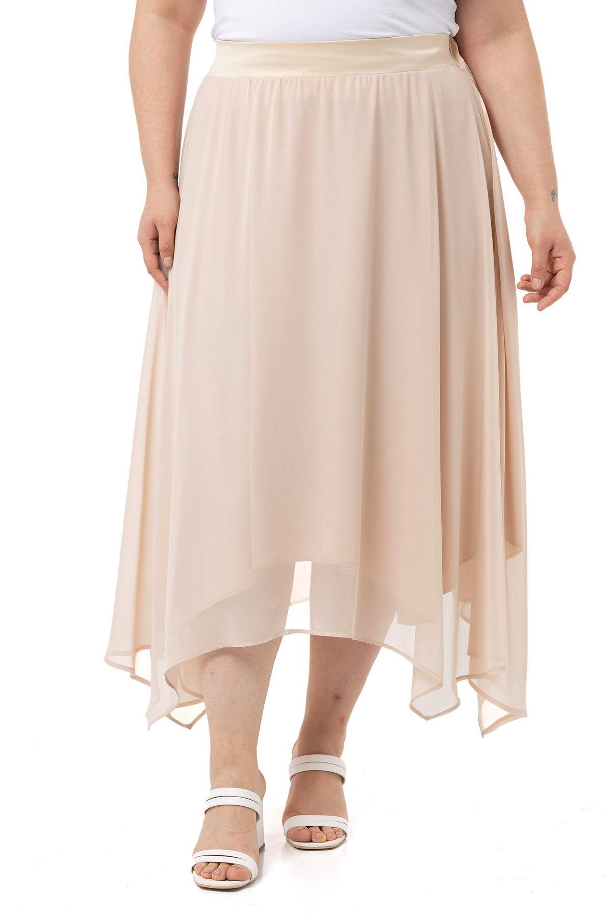 EtekDisentis Modest Asimetrik Kesim Astarlı Bej Rengi Şifon EtekDISENTIS MODESTBüyük Beden Asimetrik Kesim Astarlı Bej Rengi Şifon Etek
