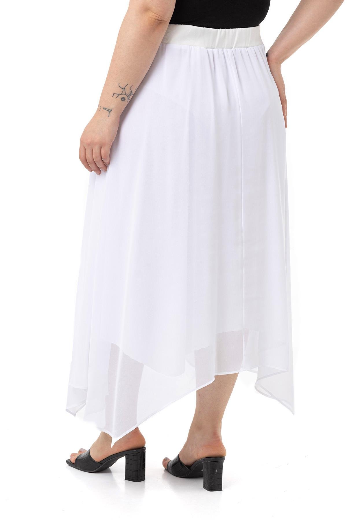 EtekDisentis Modest Asimetrik Kesim Astarlı Beyaz Şifon EtekDISENTIS MODESTBüyük Beden Asimetrik Kesim Astarlı Beyaz Şifon Etek