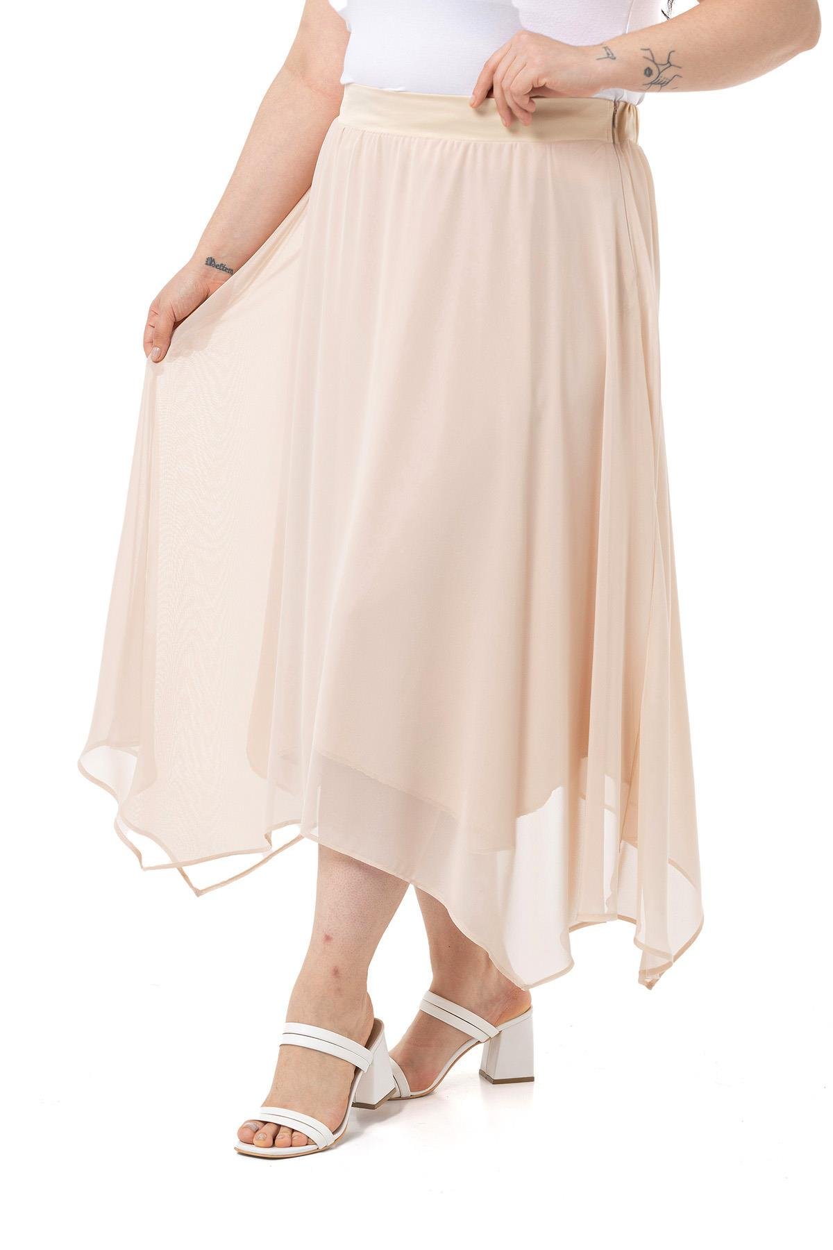 EtekDisentis Modest Asimetrik Kesim Astarlı Bej Rengi Şifon EtekDISENTIS MODESTBüyük Beden Asimetrik Kesim Astarlı Bej Rengi Şifon Etek