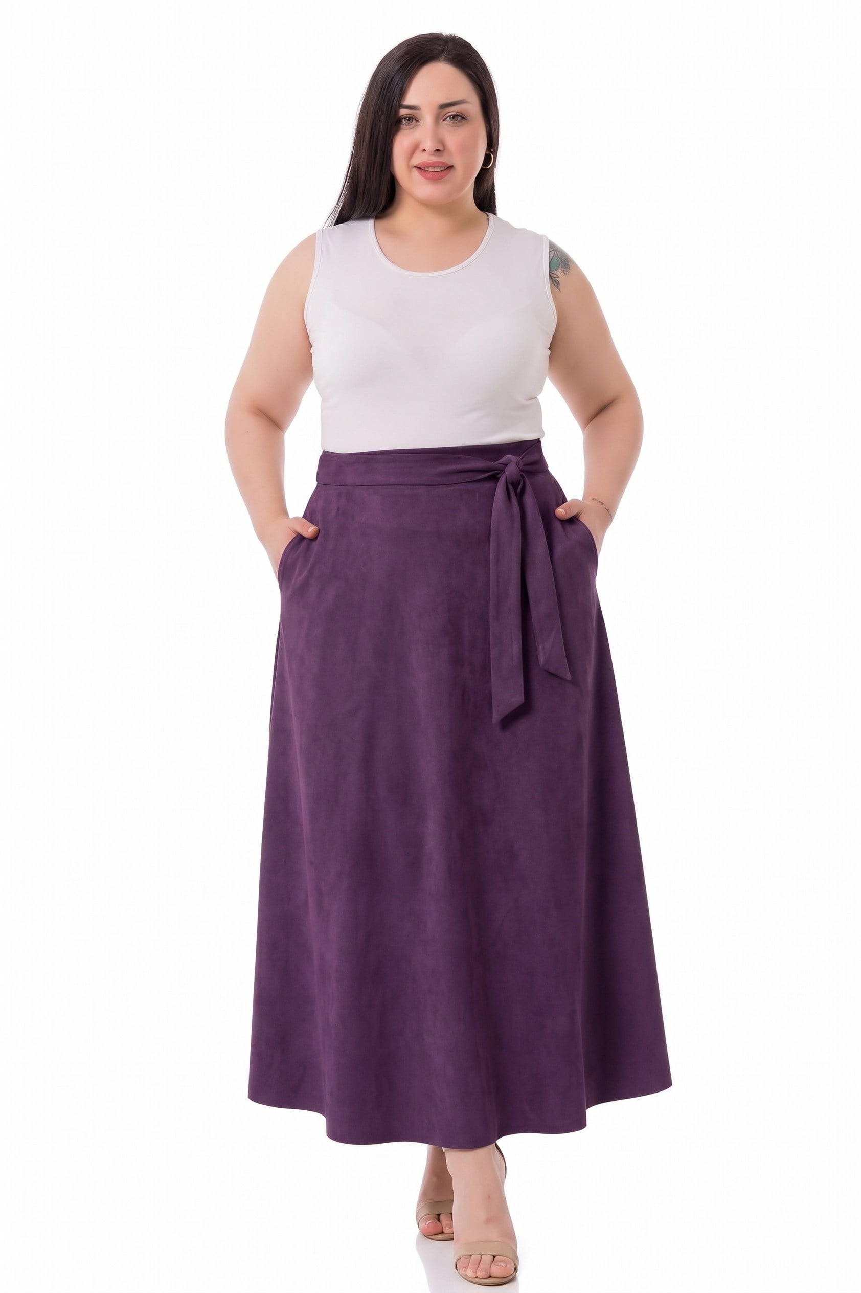 SkirtsDisentis Modest Büyük Beden Beli Arkadan Lastikli ve Fermuarlı Kuşaklı Cepli Süet Uzun Mürdüm Etek DISENTIS MODESTBüyük Beden Beli Arkadan Lastikli ve Fermuarlı Kuşaklı Cepli Süet Uzun Mürdüm Etek 