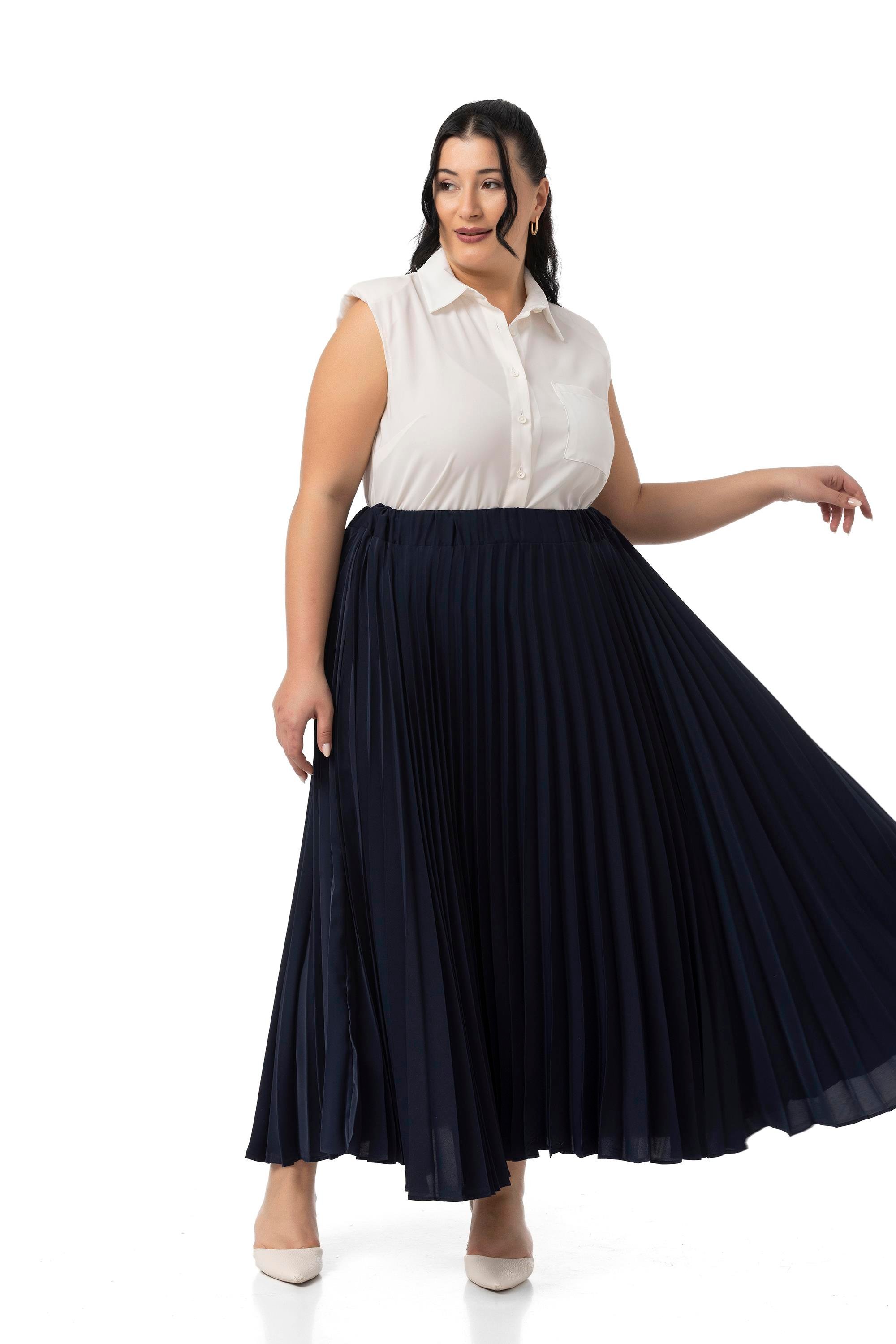 EtekDisentis Modest Büyük Beden Beli Lastikli Pileli Uzun Lacivert EtekDISENTIS MODESTBüyük Beden Beli Lastikli Pileli Uzun Lacivert Etek