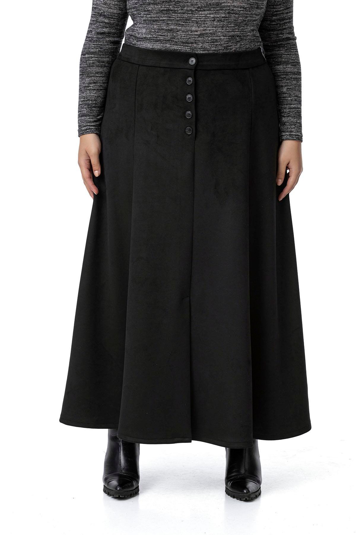 SkirtsDisentis Modest Büyük Beden Önden Yırtmaçlı Düğmeli Beli Arkadan Lastikli Uzun Süet Siyah Etek DISENTIS MODESTBüyük Beden Önden Yırtmaçlı Düğmeli Beli Arkadan Lastikli Uzun Süet Siyah Etek 